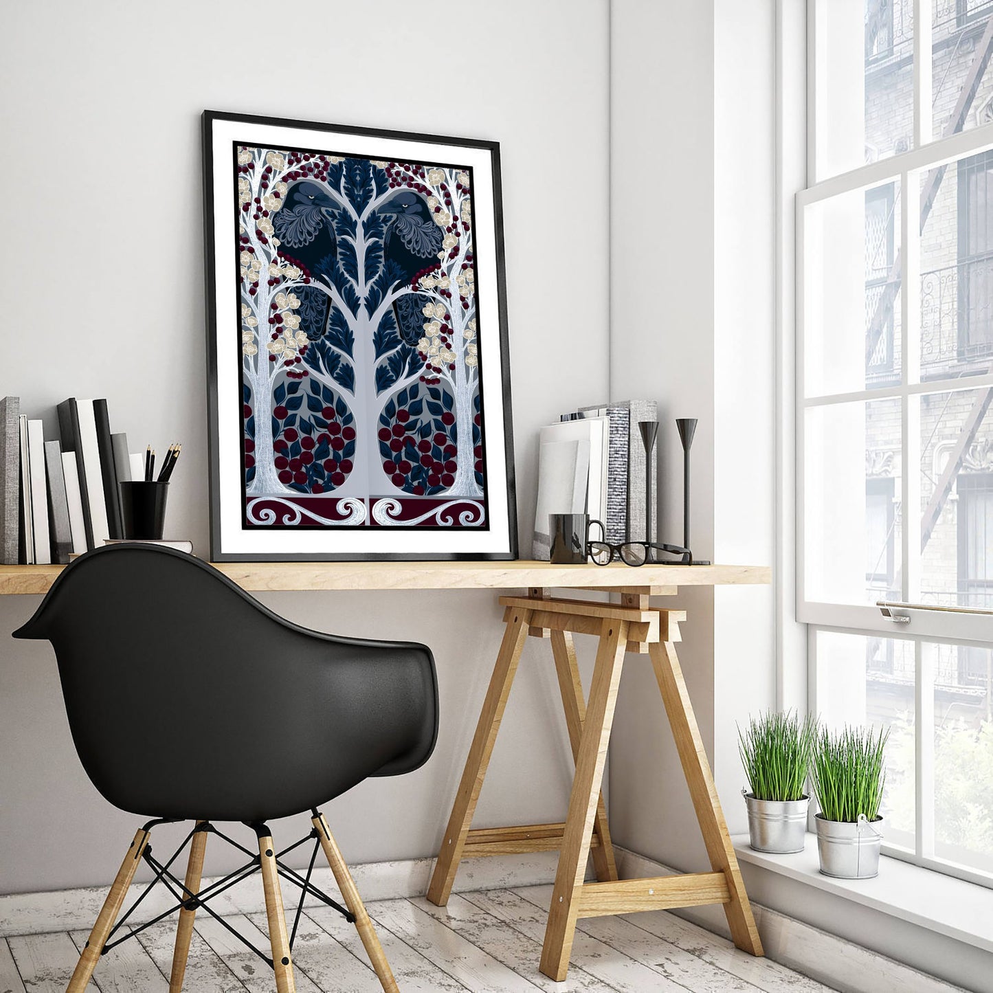 Scottish Woodland Raven Art Print - Folk Nature Poster - Decorative Illustration - Living Room Wall Art V10 2/3