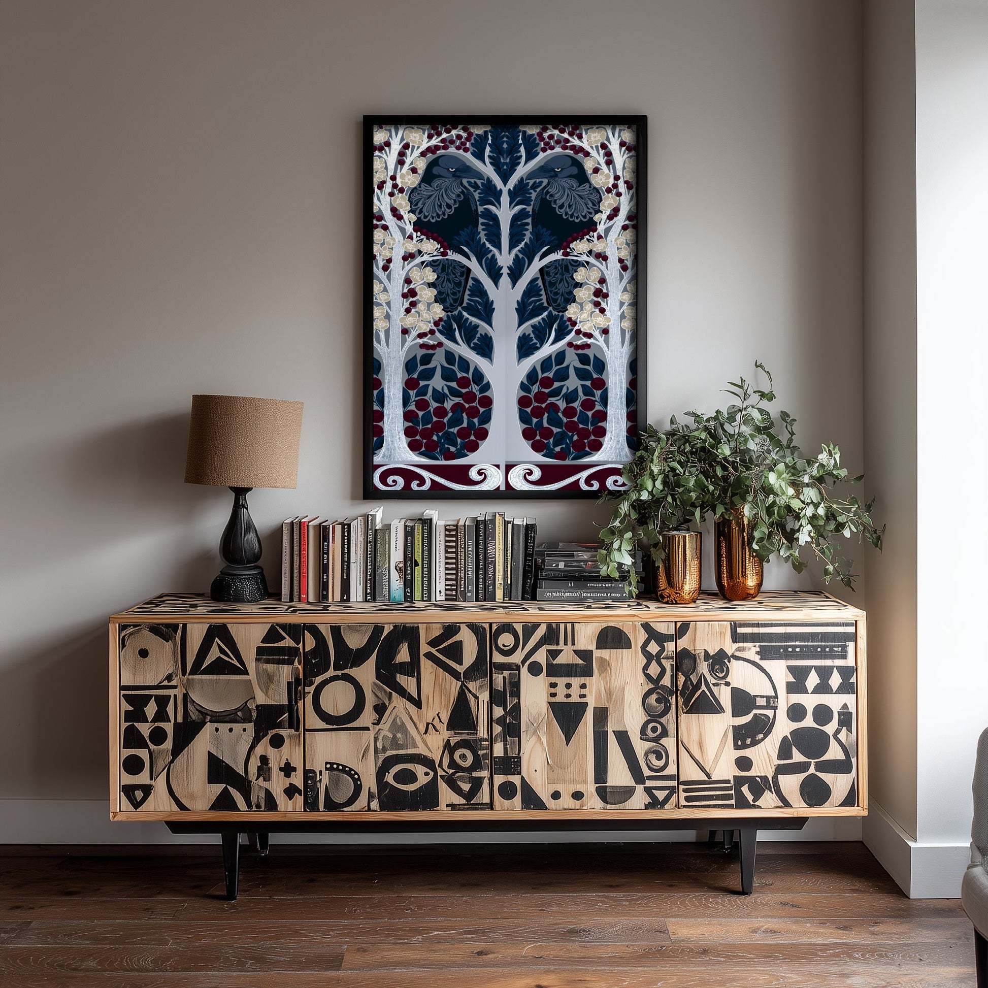 Scottish Woodland Raven Art Print - Folk Nature Poster - Decorative Illustration - Living Room Wall Art V10 2/3