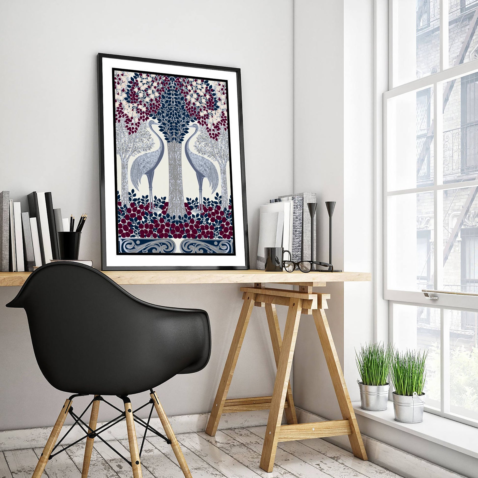 Scottish Woodland Heron Art Print - Folk Nature Poster - Decorative Illustration - Living Room Wall Art V10 3/3