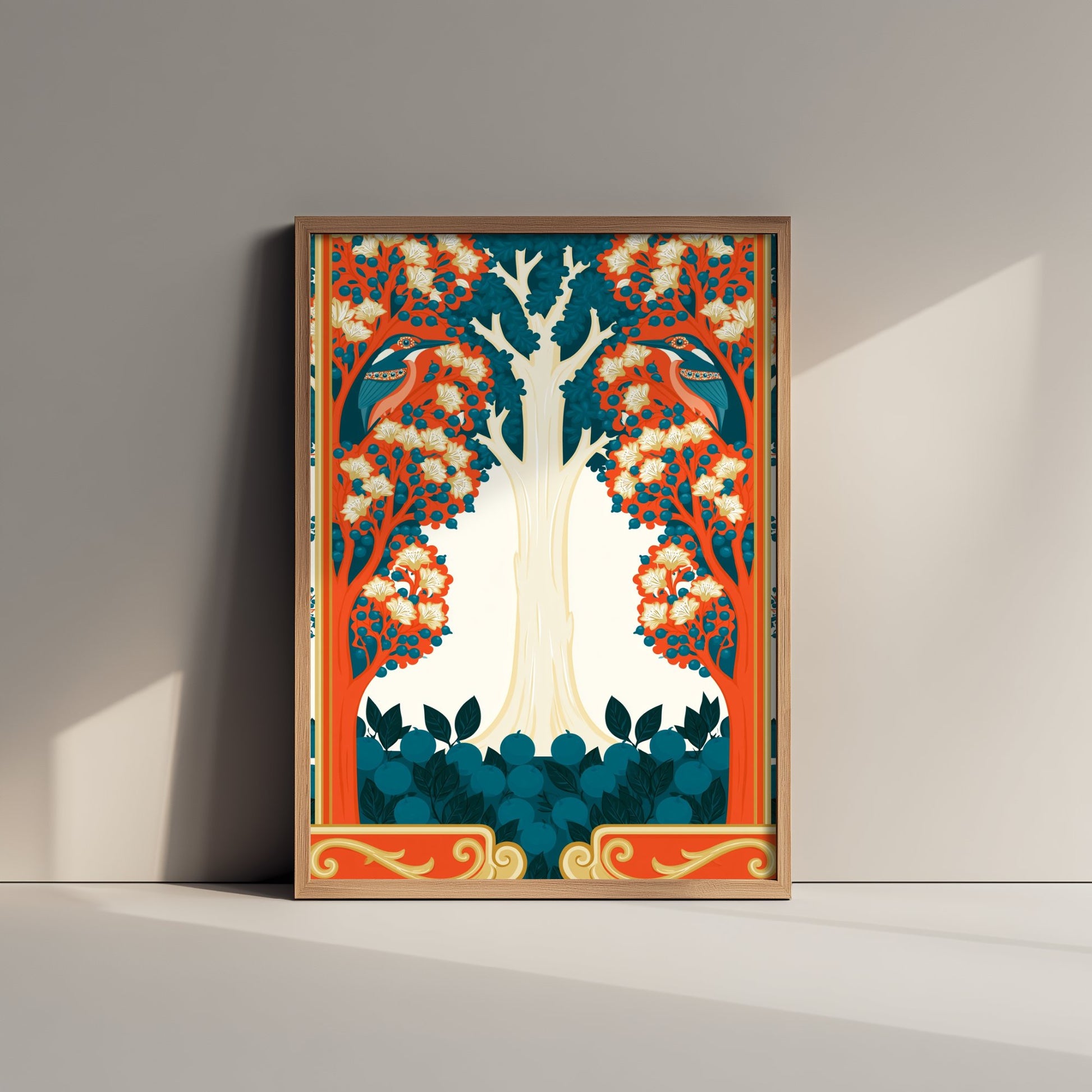 Scottish Woodland Bird Art Print - Folk Nature Poster - Decorative Illustration - Living Room Wall Art V12 1/3