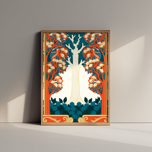 Scottish Woodland Bird Art Print - Folk Nature Poster - Decorative Illustration - Living Room Wall Art V12 1/3