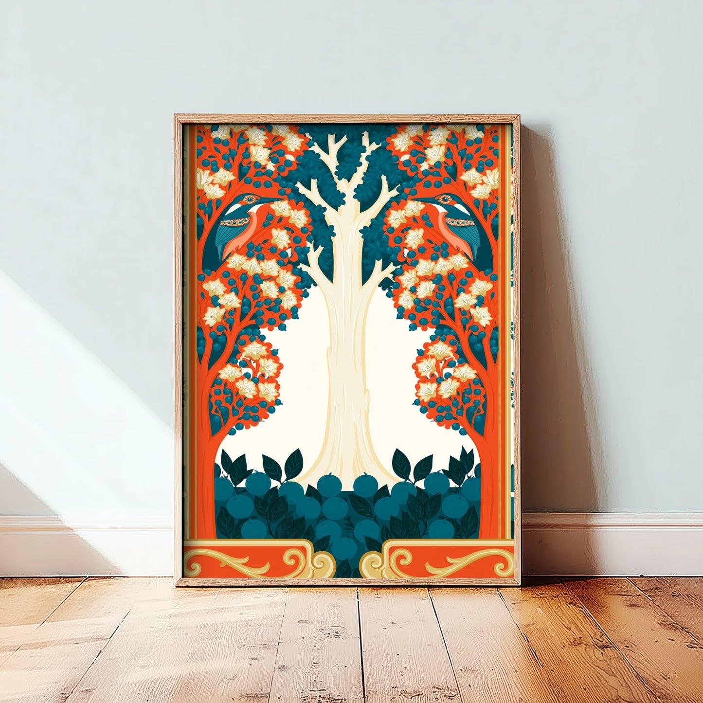 Scottish Woodland Bird Art Print - Folk Nature Poster - Decorative Illustration - Living Room Wall Art V12 1/3