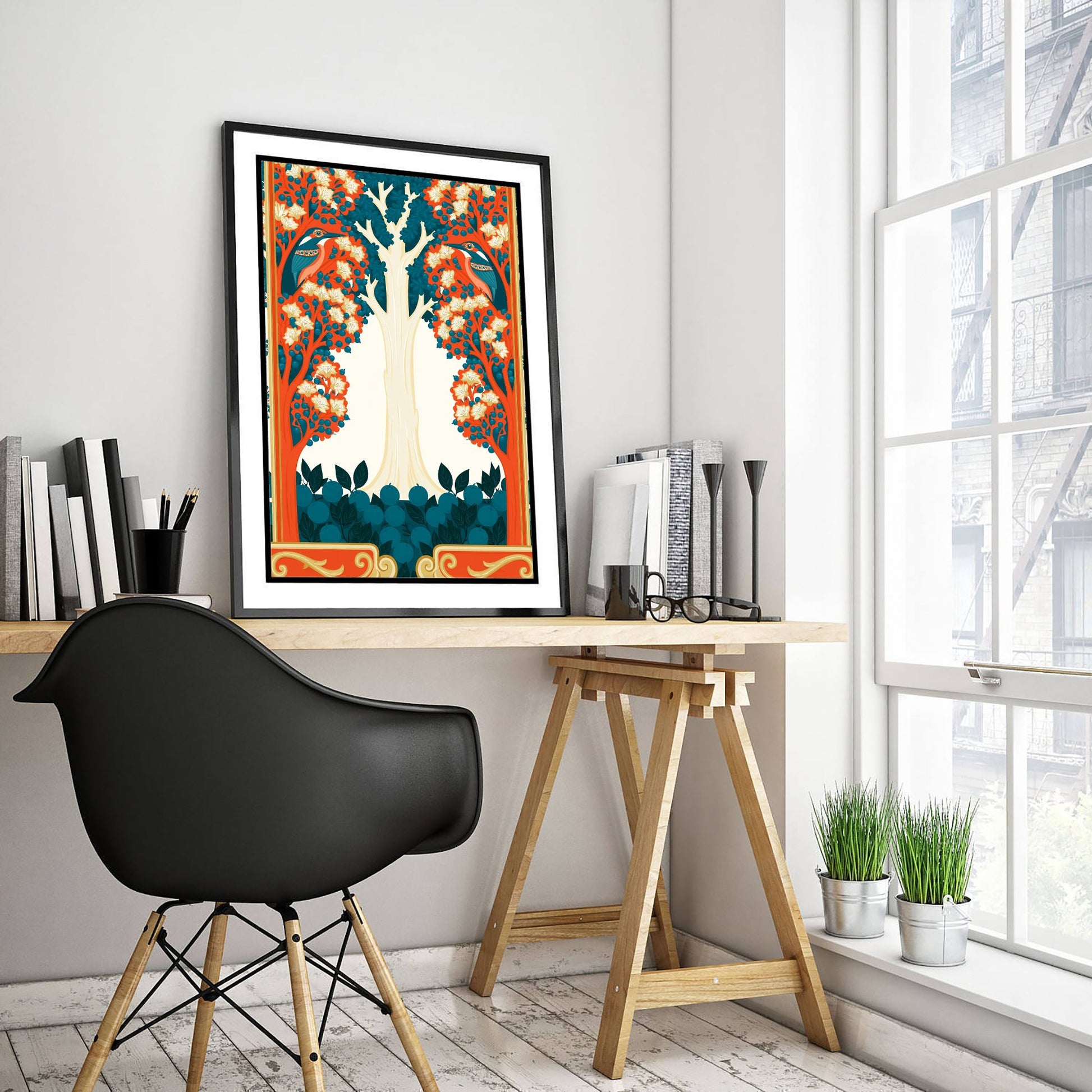 Scottish Woodland Bird Art Print - Folk Nature Poster - Decorative Illustration - Living Room Wall Art V12 1/3