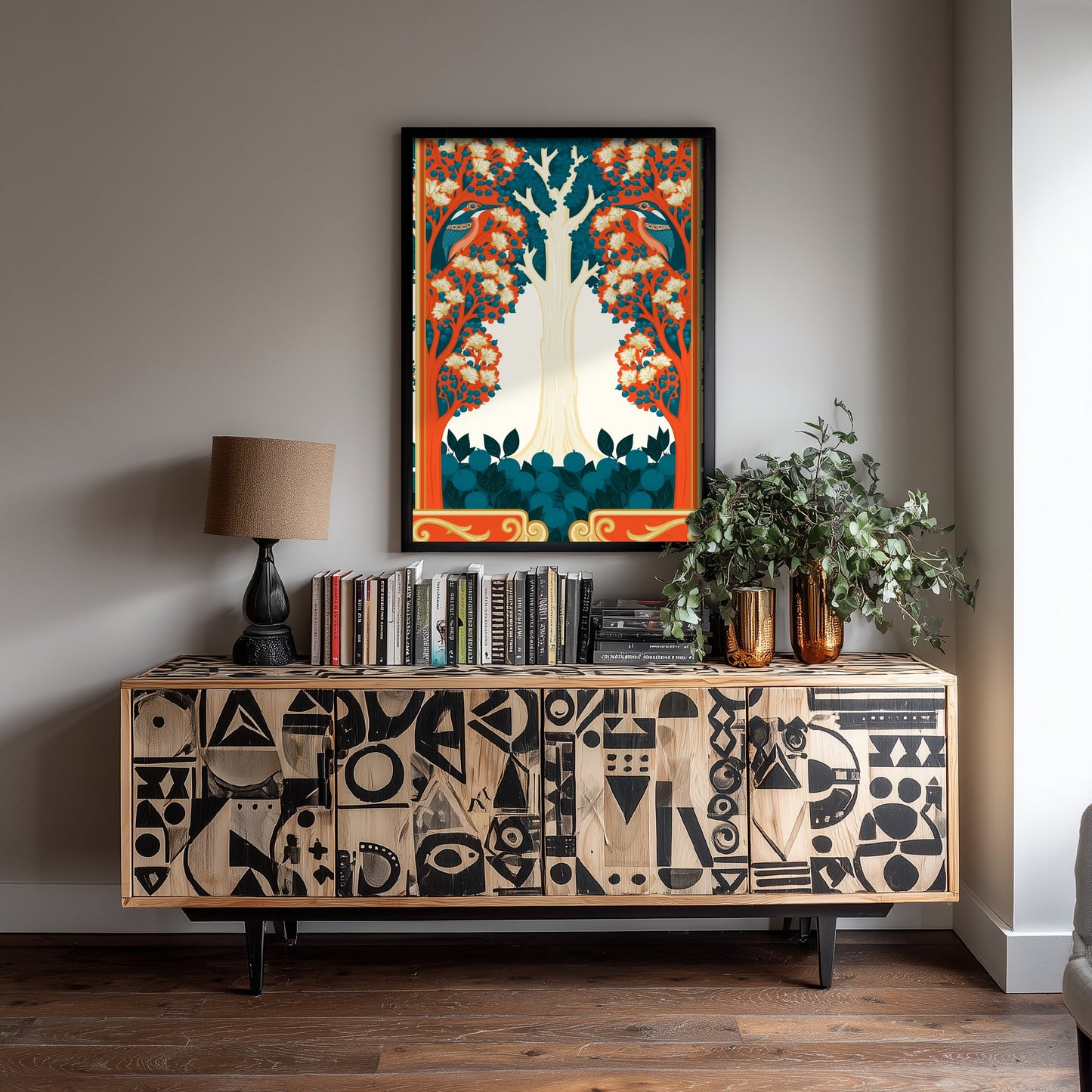 Scottish Woodland Bird Art Print - Folk Nature Poster - Decorative Illustration - Living Room Wall Art V12 1/3