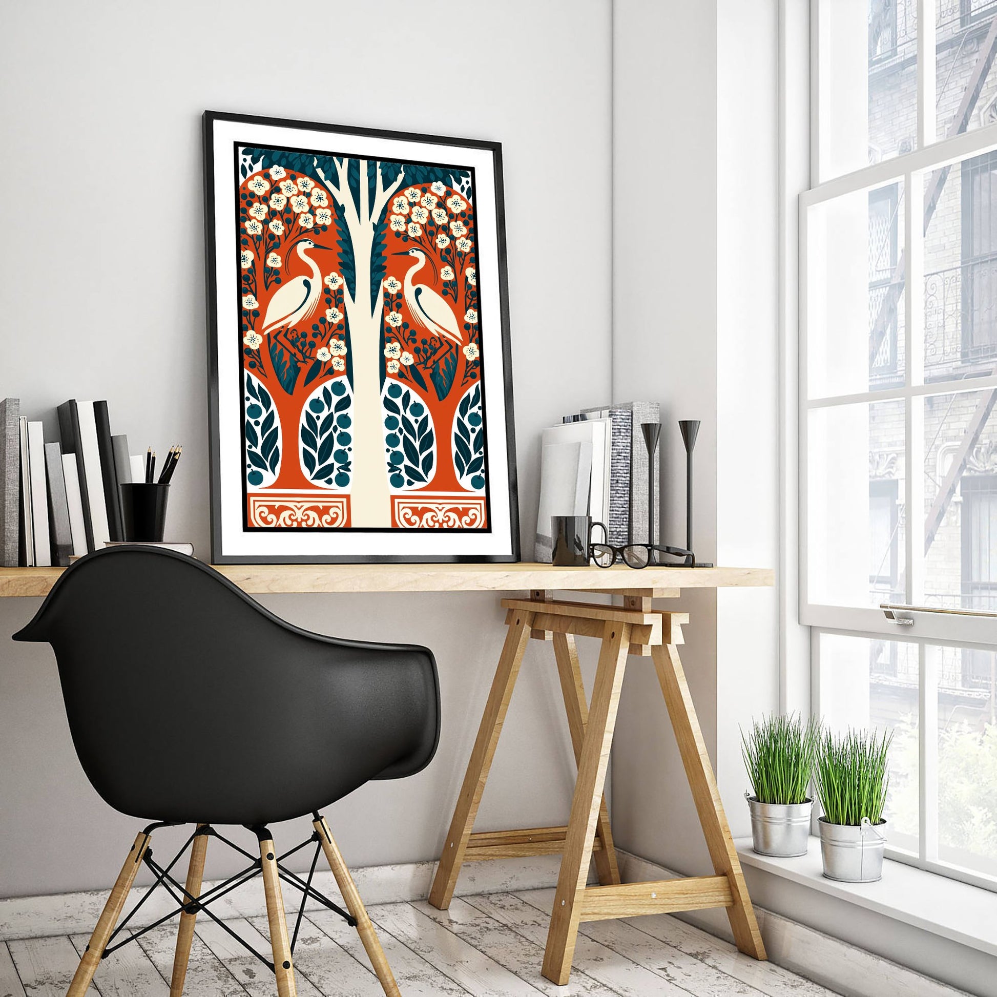 Scottish Woodland Egret Art Print - Folk Nature Poster - Decorative Illustration - Wall Art V12 2/3