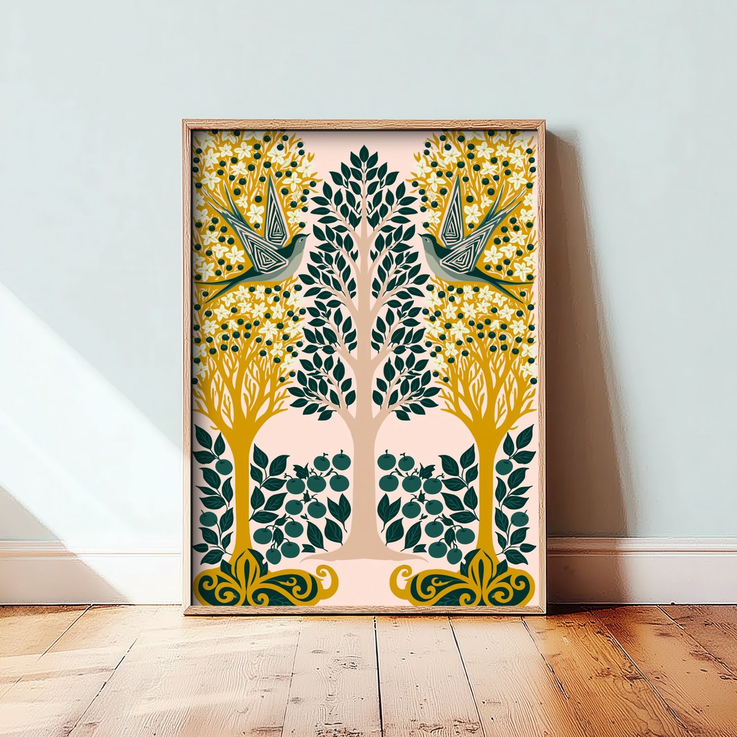 Scottish Woodland Swallow Art Print - Folk Nature Poster - Decorative Illustration - Living Room Wall Art V13 1/3