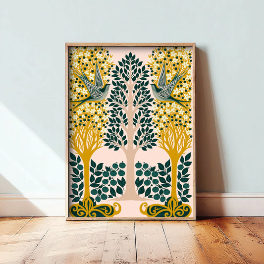 Scottish Woodland Swallow Art Print - Folk Nature Poster - Decorative Illustration - Living Room Wall Art V13 1/3