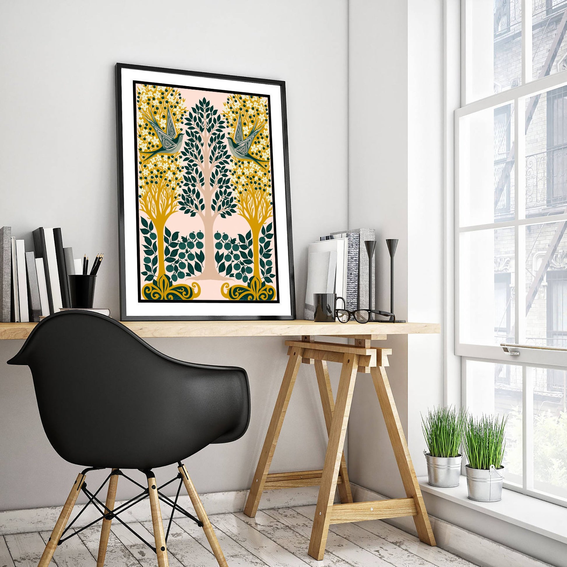 Scottish Woodland Swallow Art Print - Folk Nature Poster - Decorative Illustration - Living Room Wall Art V13 1/3