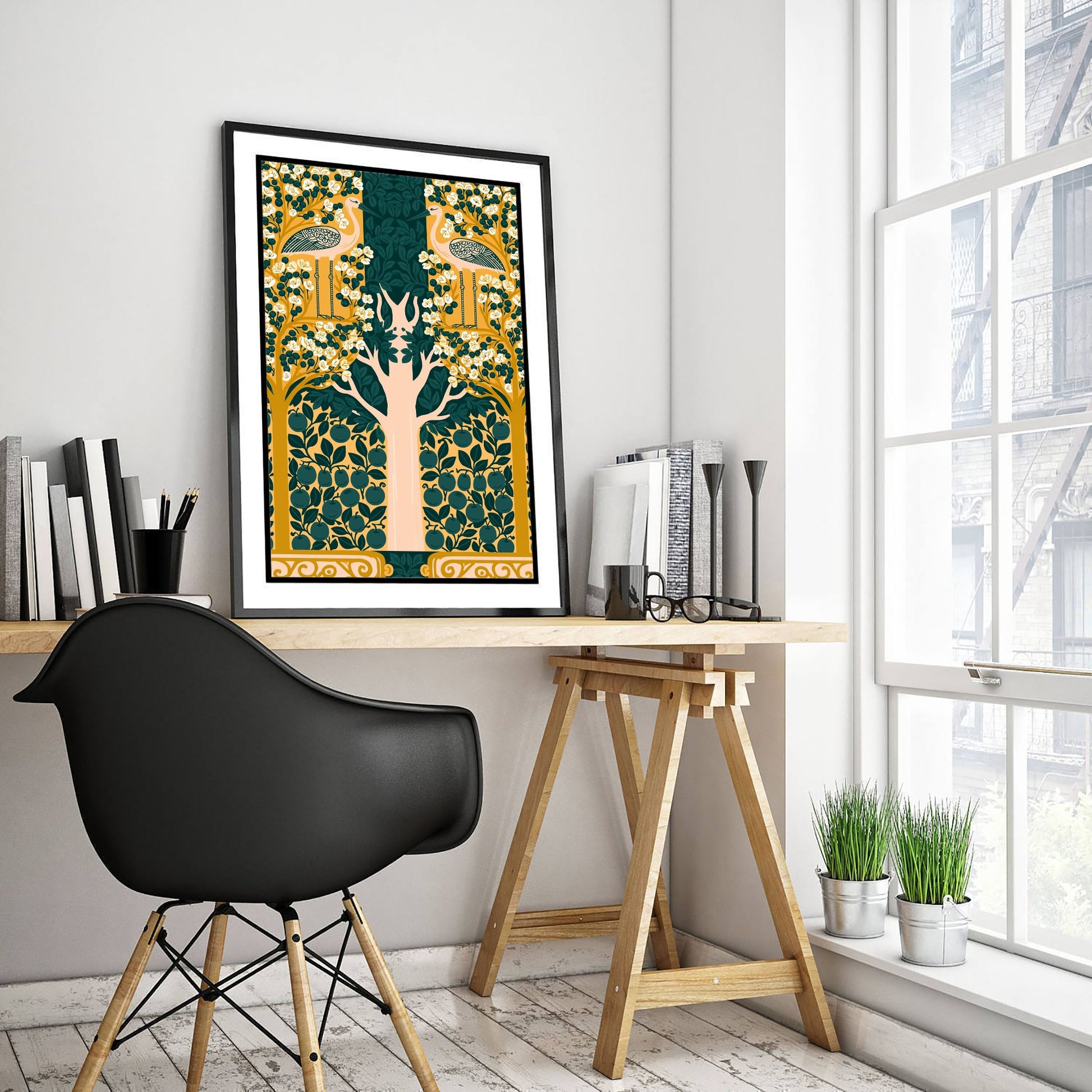 Scottish Woodland Crane Art Print - Folk Nature Poster - Decorative Illustration - Living Room Wall Art V13 2/3