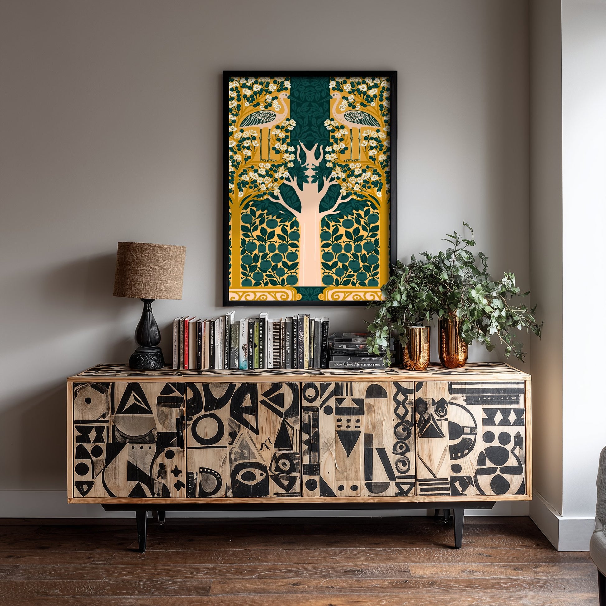 Scottish Woodland Crane Art Print - Folk Nature Poster - Decorative Illustration - Living Room Wall Art V13 2/3