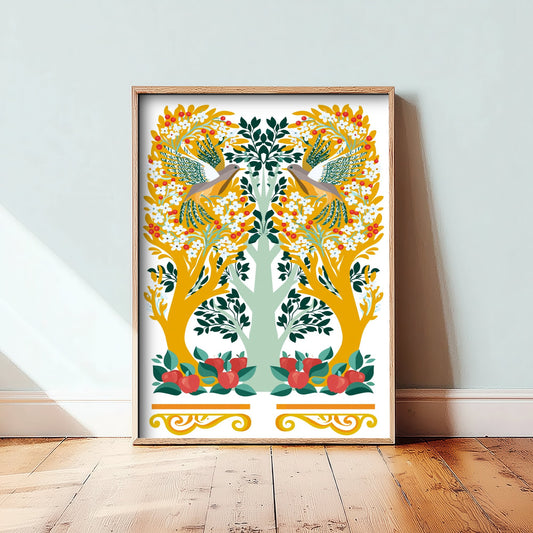Scottish Woodland Pheasant Art Print - Folk Nature Poster - Decorative Illustration - Bedroom Wall Art V14 1/3