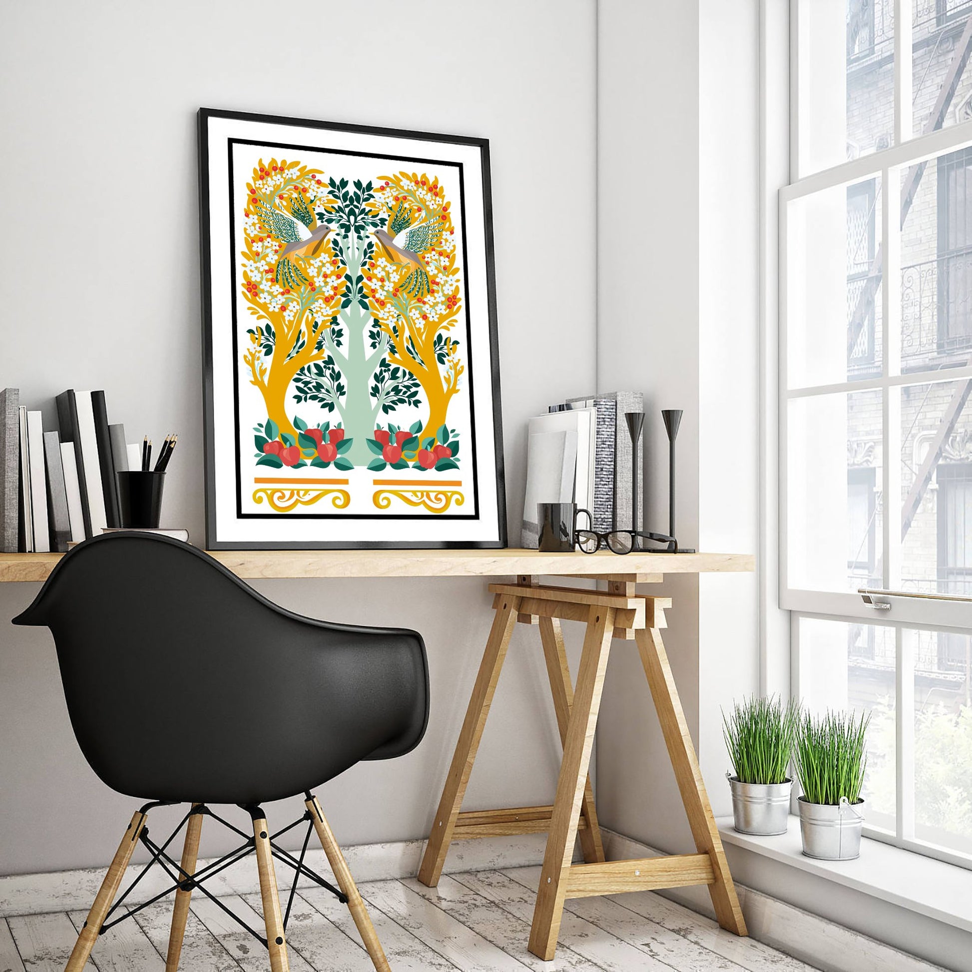 Scottish Woodland Pheasant Art Print - Folk Nature Poster - Decorative Illustration - Bedroom Wall Art V14 1/3