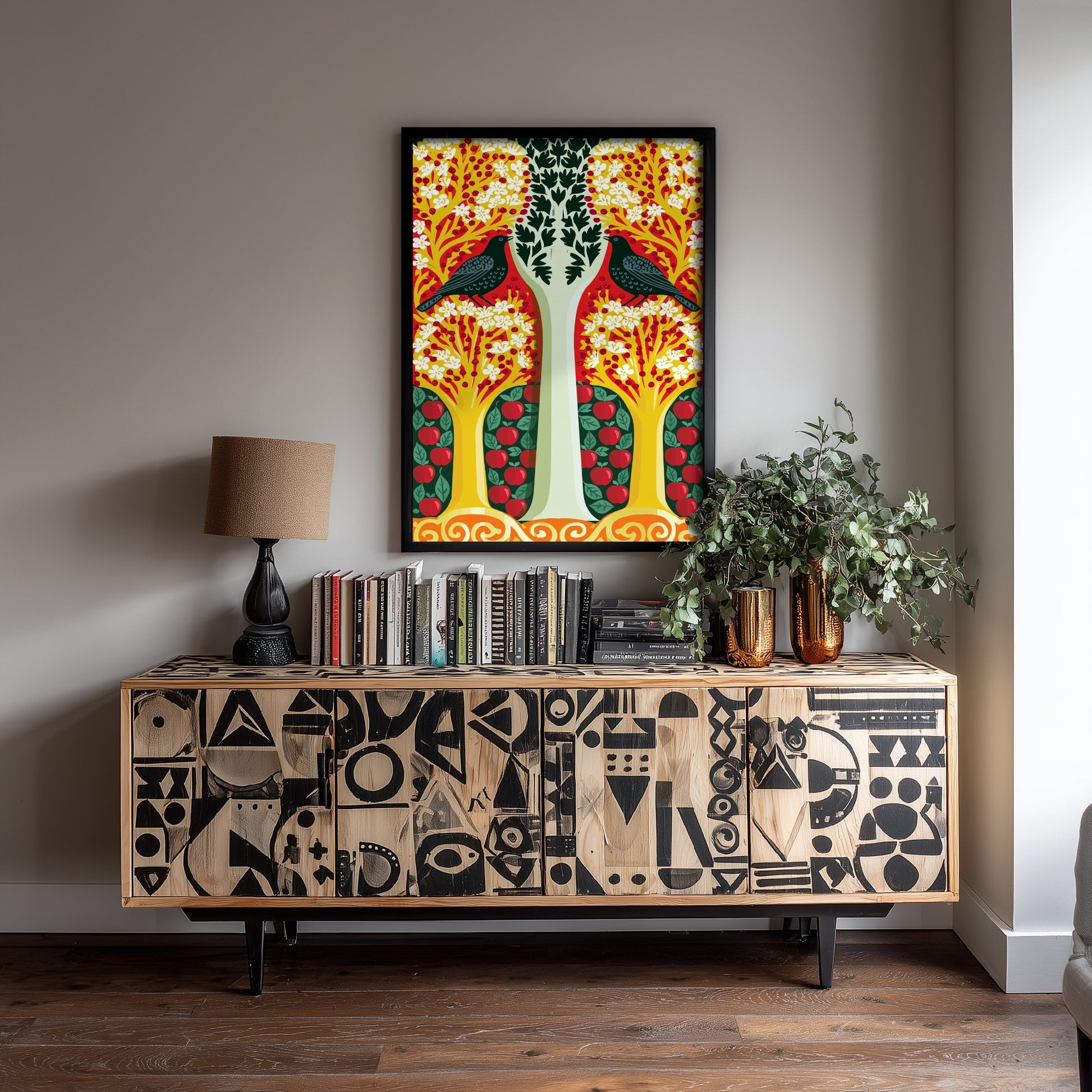 Scottish Woodland Blackbird Art Print - Folk Nature Poster - Decorative Illustration - Hallway Wall Art V14 2/3