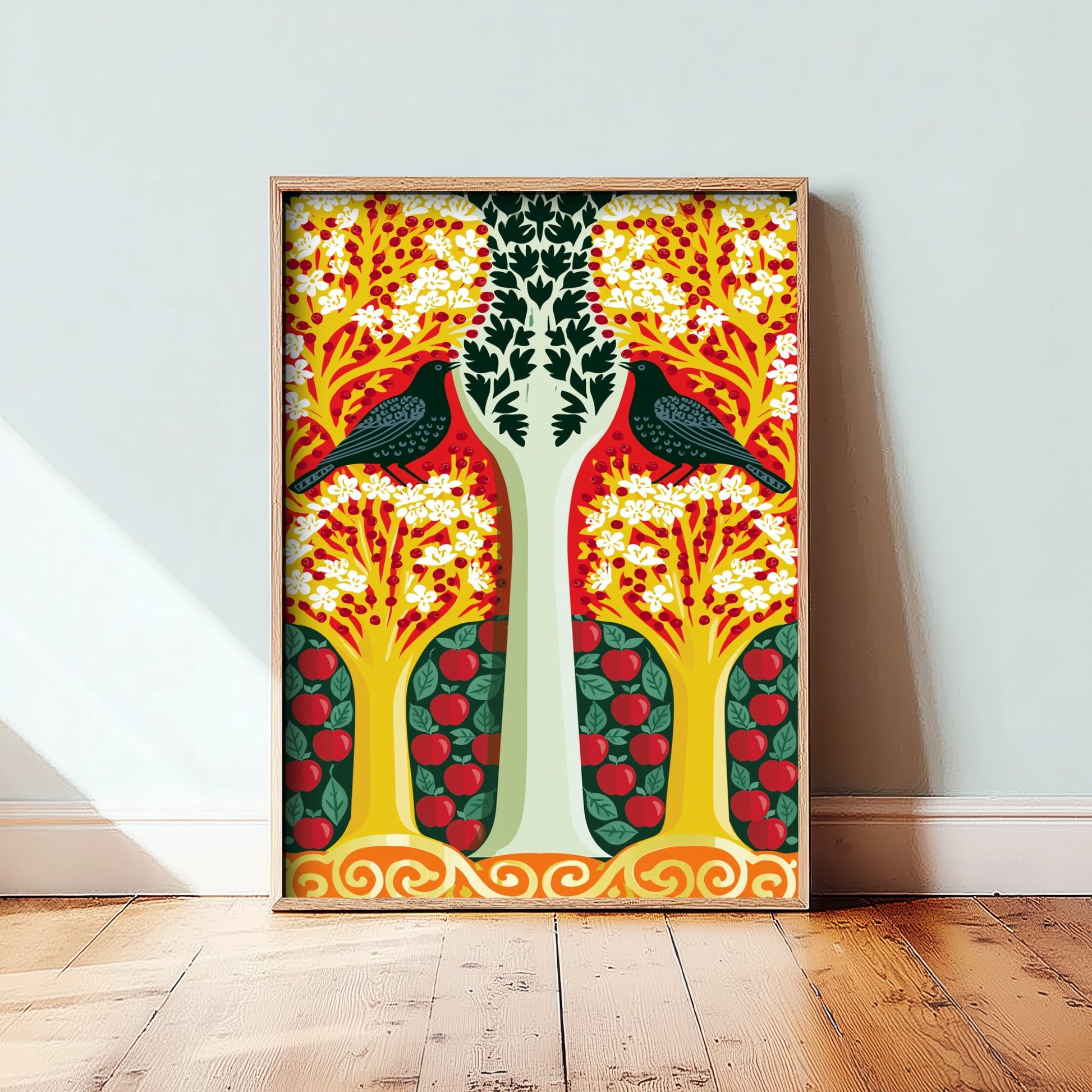 Scottish Woodland Blackbird Art Print - Folk Nature Poster - Decorative Illustration - Hallway Wall Art V14 2/3