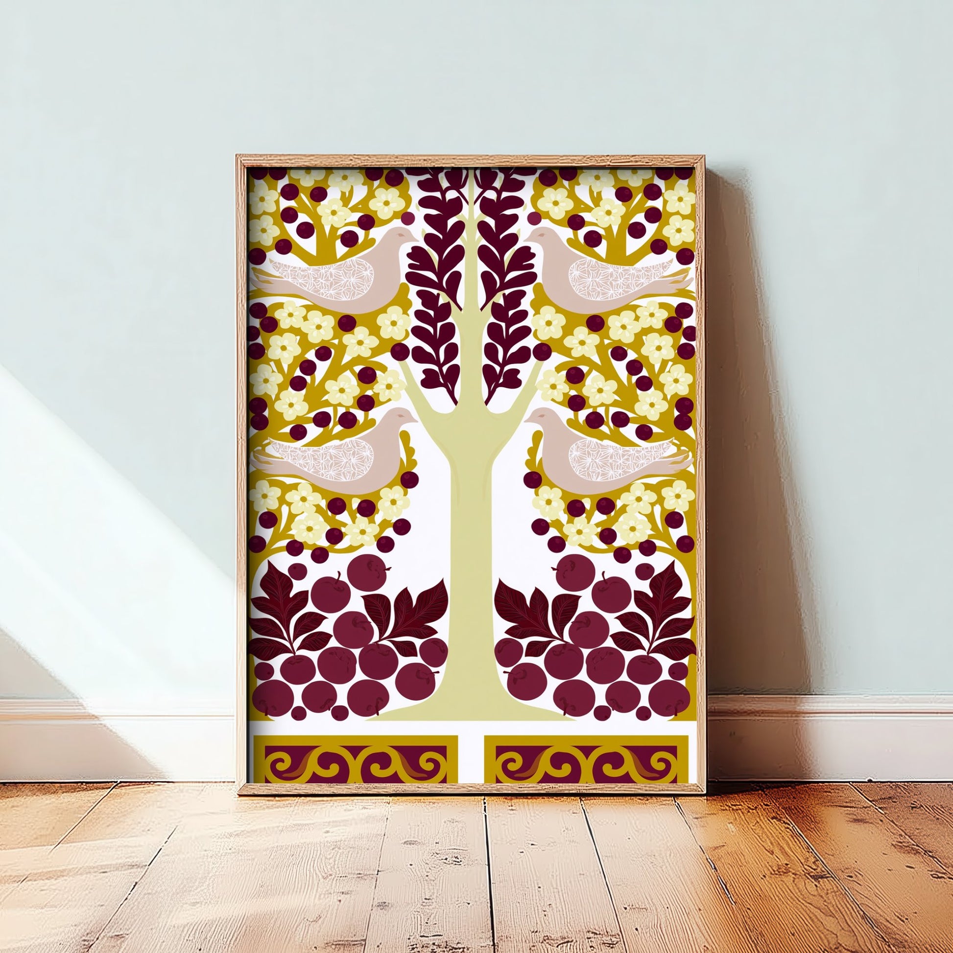 Scottish Woodland Dove Art Print - Folk Nature Poster - Decorative Illustration - Dining Room Wall Art V15 1/3