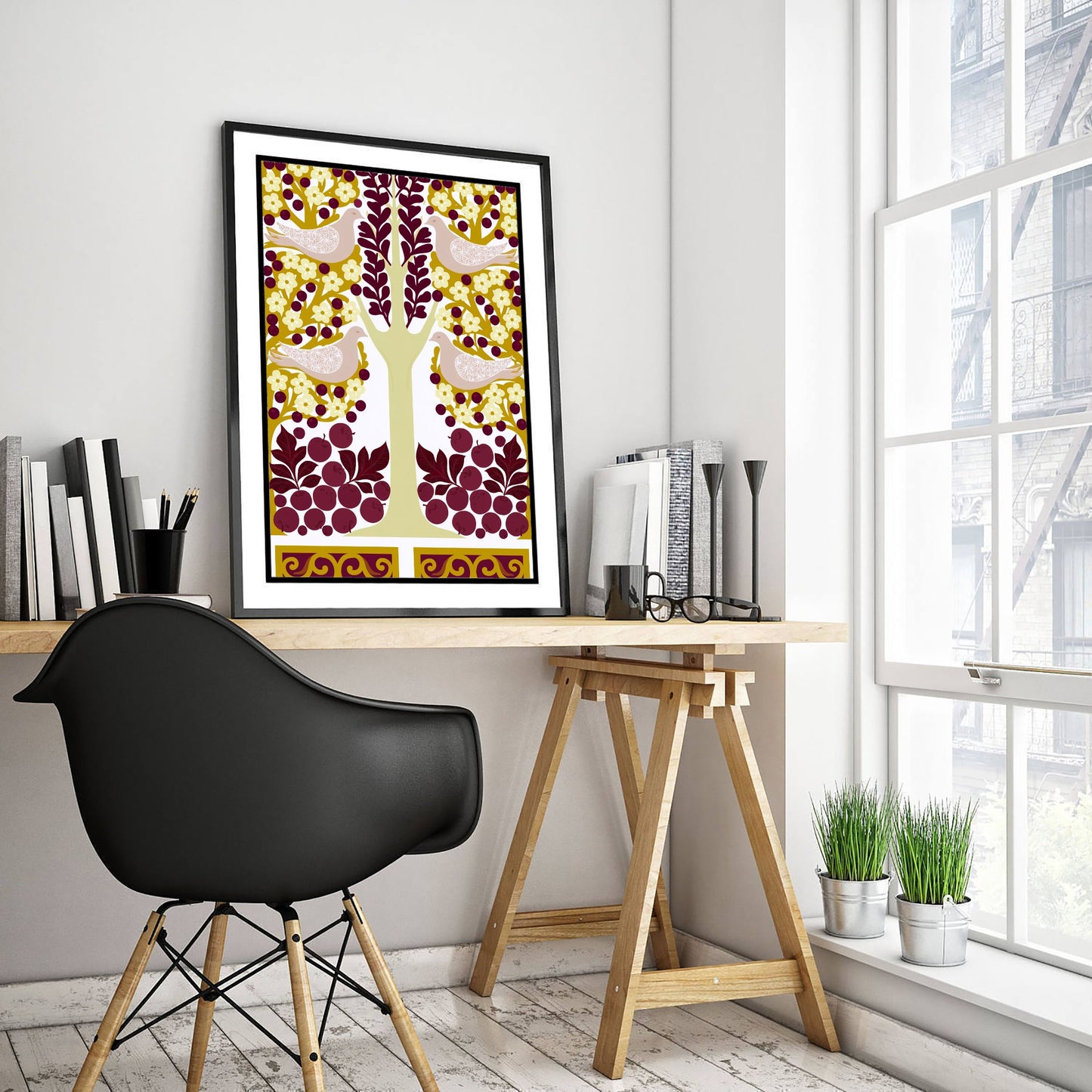 Scottish Woodland Dove Art Print - Folk Nature Poster - Decorative Illustration - Dining Room Wall Art V15 1/3