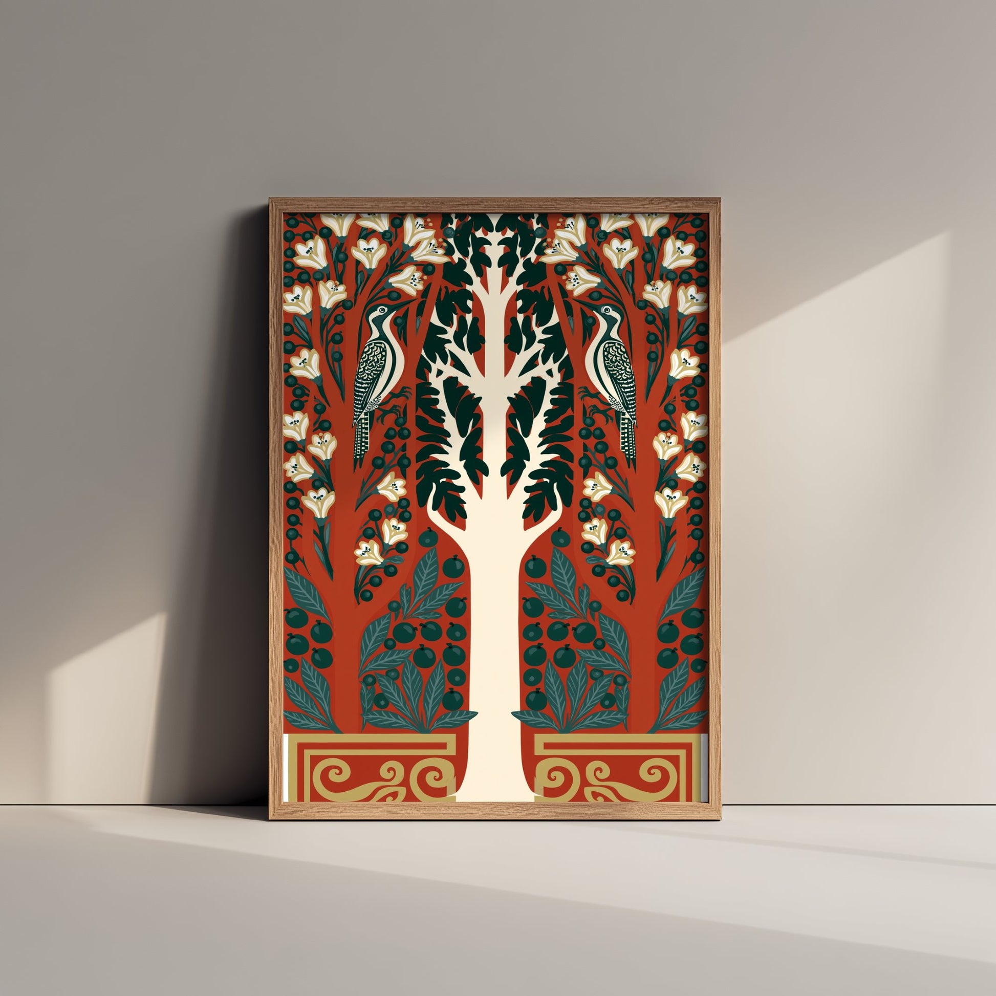 Scottish Woodland Woodpecker Art Print - Folk Nature Poster - Decorative Illustration - Bedroom Wall Art V16 1/3