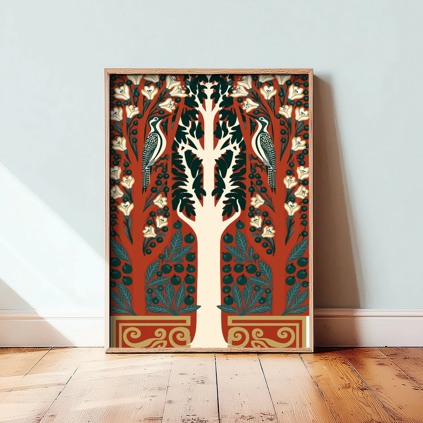 Scottish Woodland Woodpecker Art Print - Folk Nature Poster - Decorative Illustration - Bedroom Wall Art V16 1/3