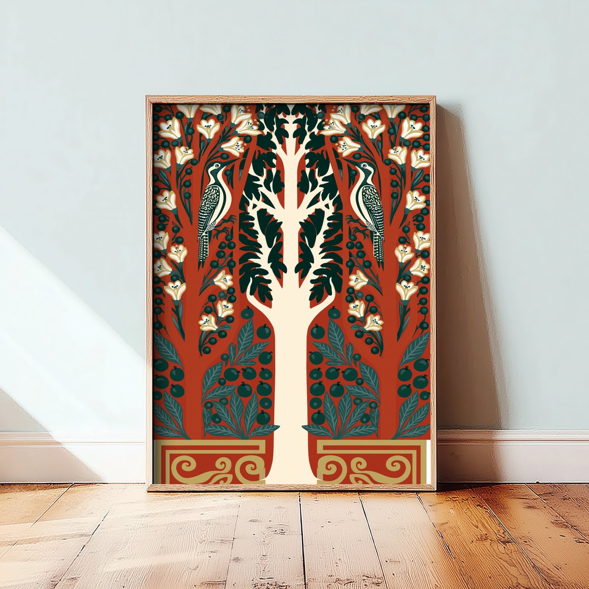 Scottish Woodland Woodpecker Art Print - Folk Nature Poster - Decorative Illustration - Bedroom Wall Art V16 1/3