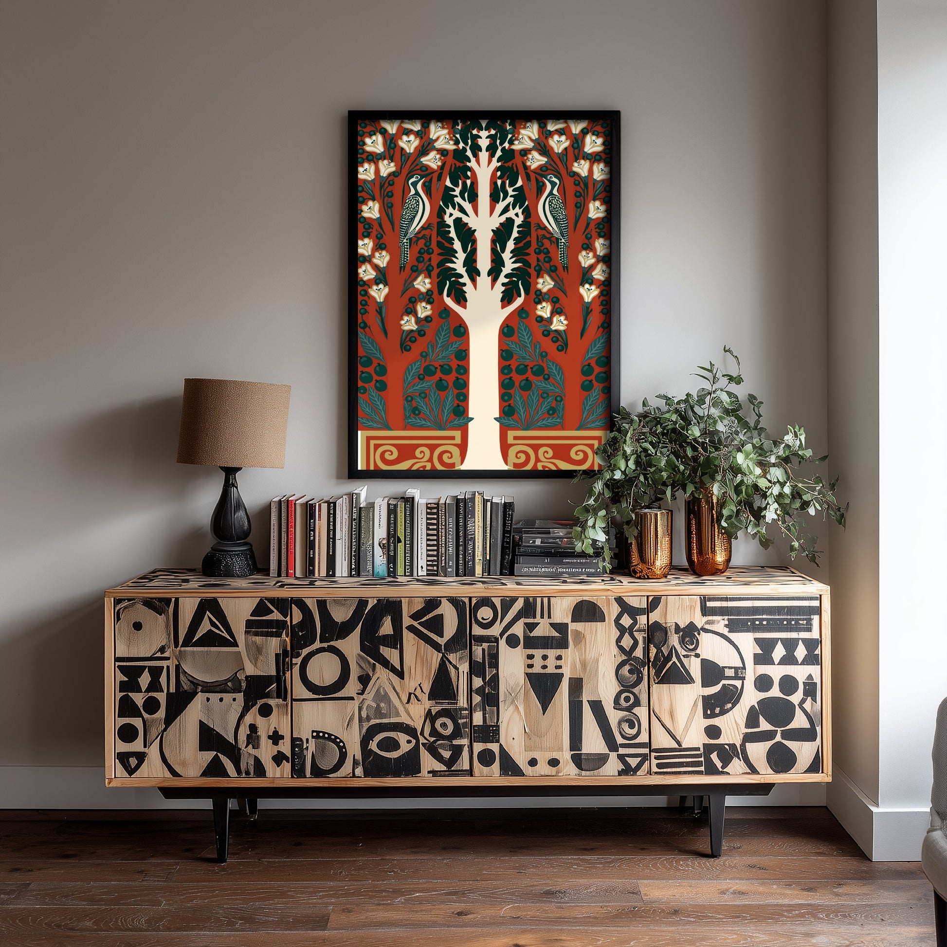Scottish Woodland Woodpecker Art Print - Folk Nature Poster - Decorative Illustration - Bedroom Wall Art V16 1/3