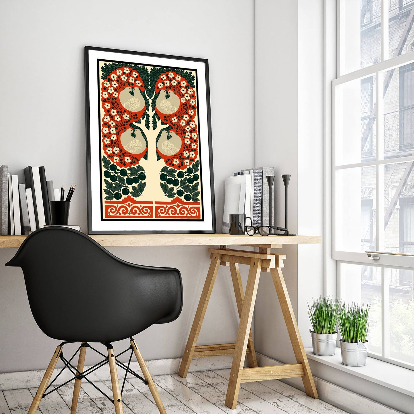 Scottish Woodland Dove Art Print - Folk Nature Poster - Decorative Illustration - Hallway Wall Art V16 2/3