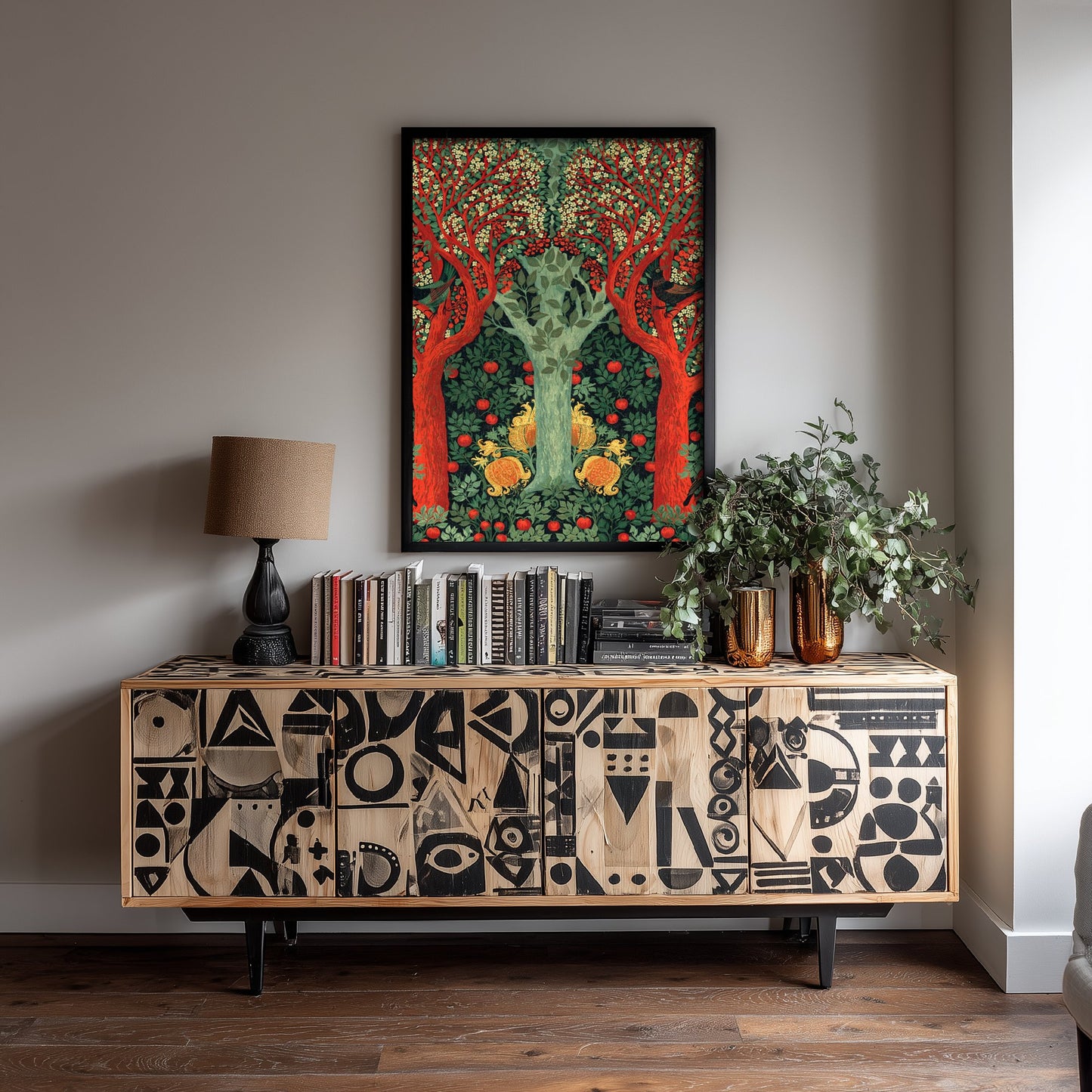 Red Green Woodland Tapestry Art Print - Scottish Book of the Woodlands Poster - Arts Crafts Illustration V3 1/3