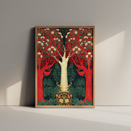 Red Forest Blossom Tapestry Art Print - Scottish Book of the Woodlands Poster - Arts Crafts Illustration V3 2/3