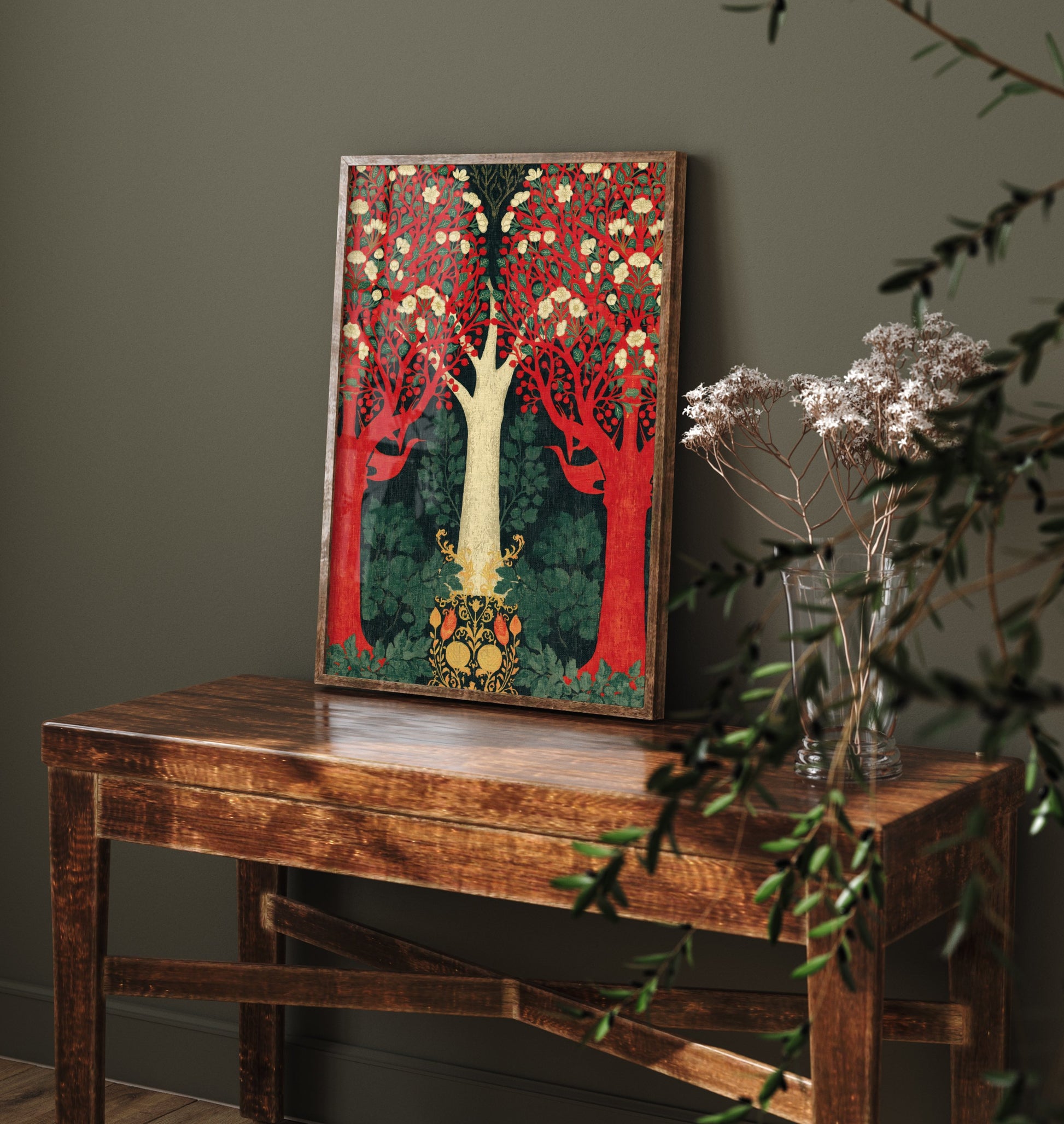 Red Forest Blossom Tapestry Art Print - Scottish Book of the Woodlands Poster - Arts Crafts Illustration V3 2/3