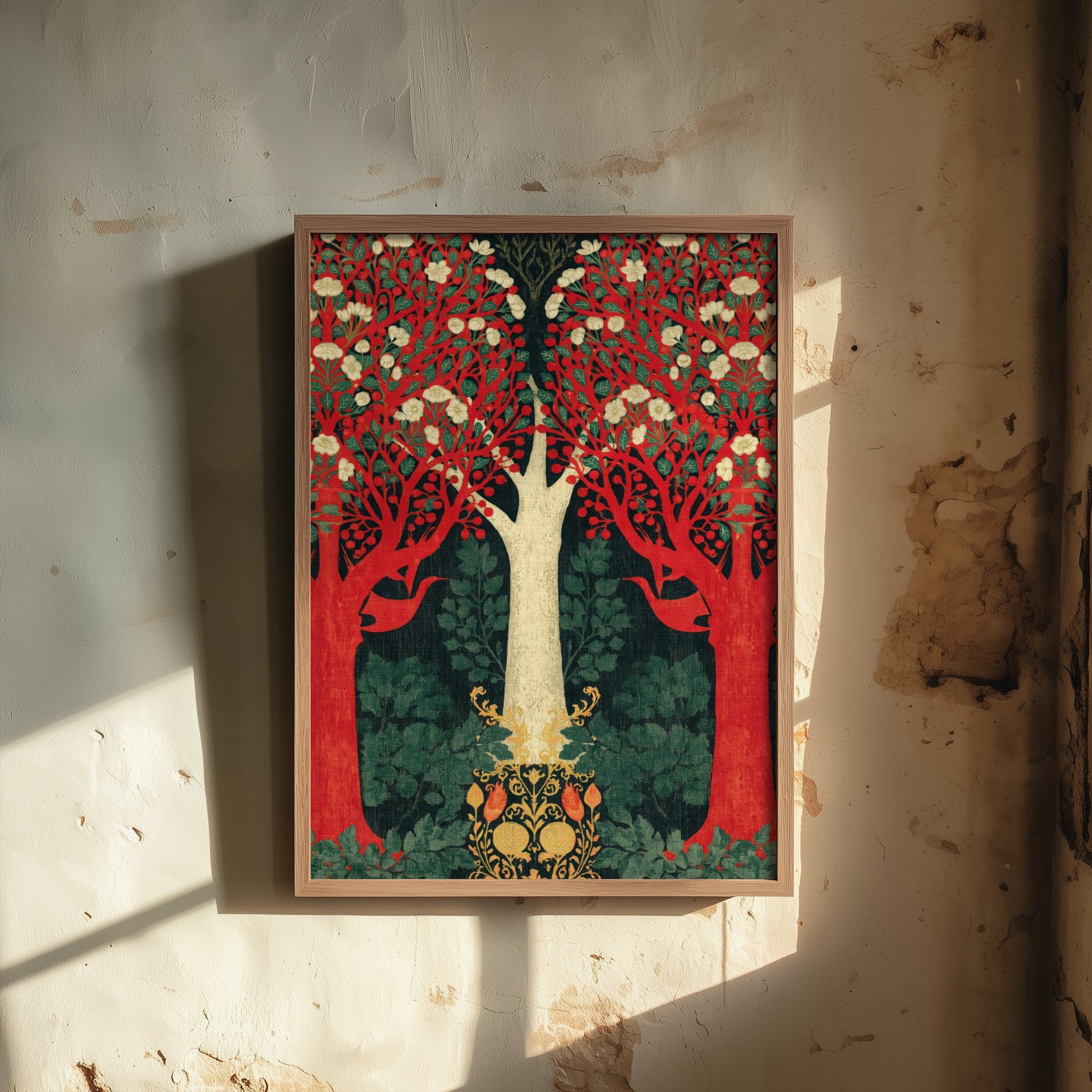 Red Forest Blossom Tapestry Art Print - Scottish Book of the Woodlands Poster - Arts Crafts Illustration V3 2/3