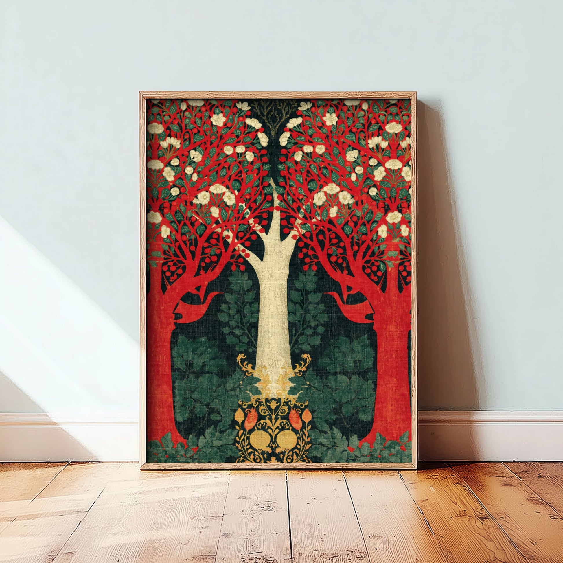 Red Forest Blossom Tapestry Art Print - Scottish Book of the Woodlands Poster - Arts Crafts Illustration V3 2/3