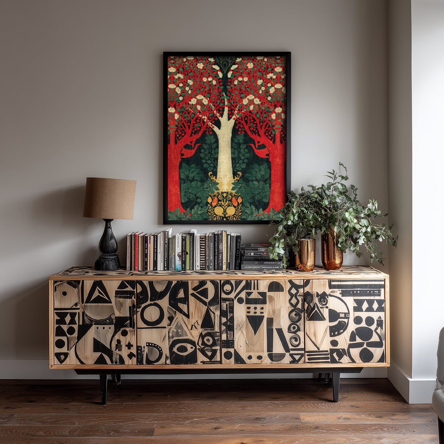 Red Forest Blossom Tapestry Art Print - Scottish Book of the Woodlands Poster - Arts Crafts Illustration V3 2/3