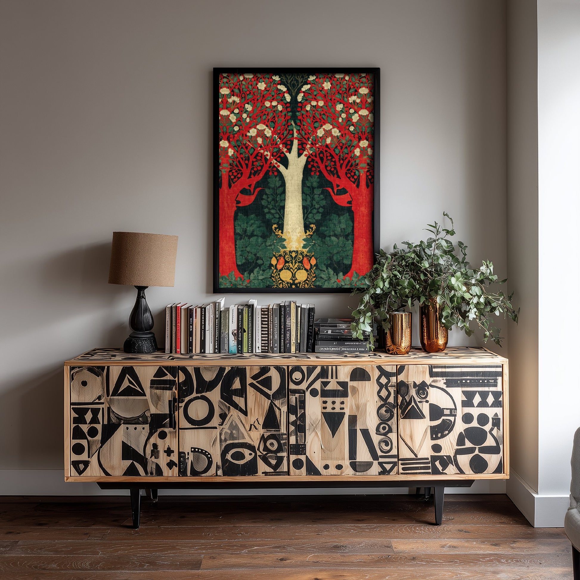 Red Forest Blossom Tapestry Art Print - Scottish Book of the Woodlands Poster - Arts Crafts Illustration V3 2/3