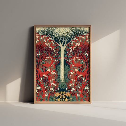 Red White Woodland Tapestry Art Print - Scottish Book of the Woodlands Poster - Arts Crafts Illustration V3 3/3