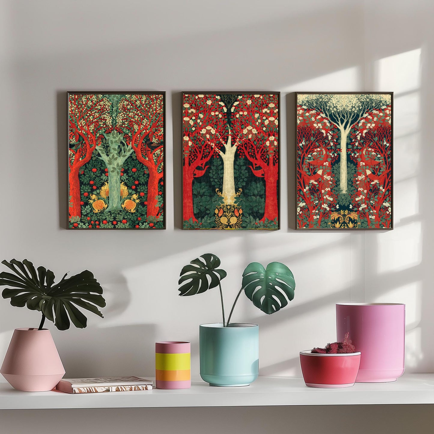 Scottish Book of the Woodlands Set of Three Art Prints - Green and Crimson Forest Posters - Blackbird Squirrel Illustration V3