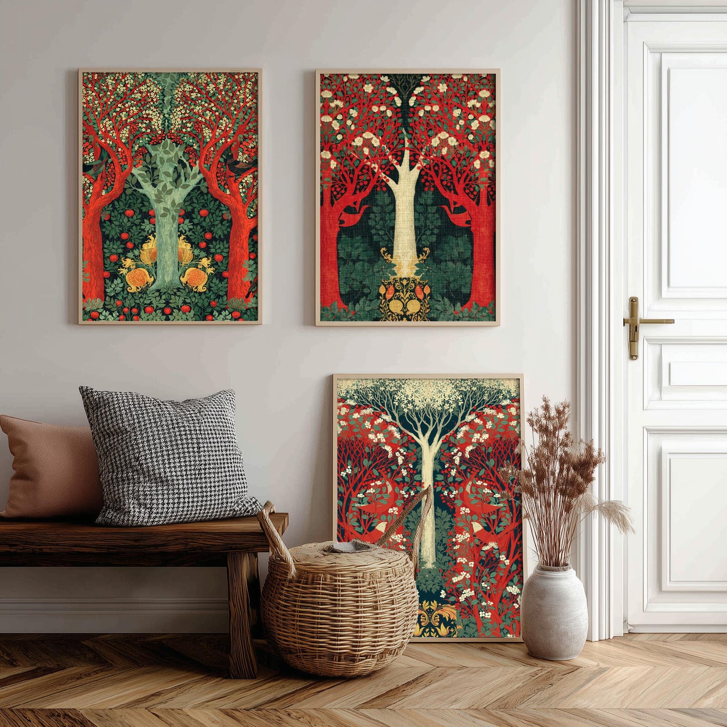 Scottish Book of the Woodlands Set of Three Art Prints - Green and Crimson Forest Posters - Blackbird Squirrel Illustration V3
