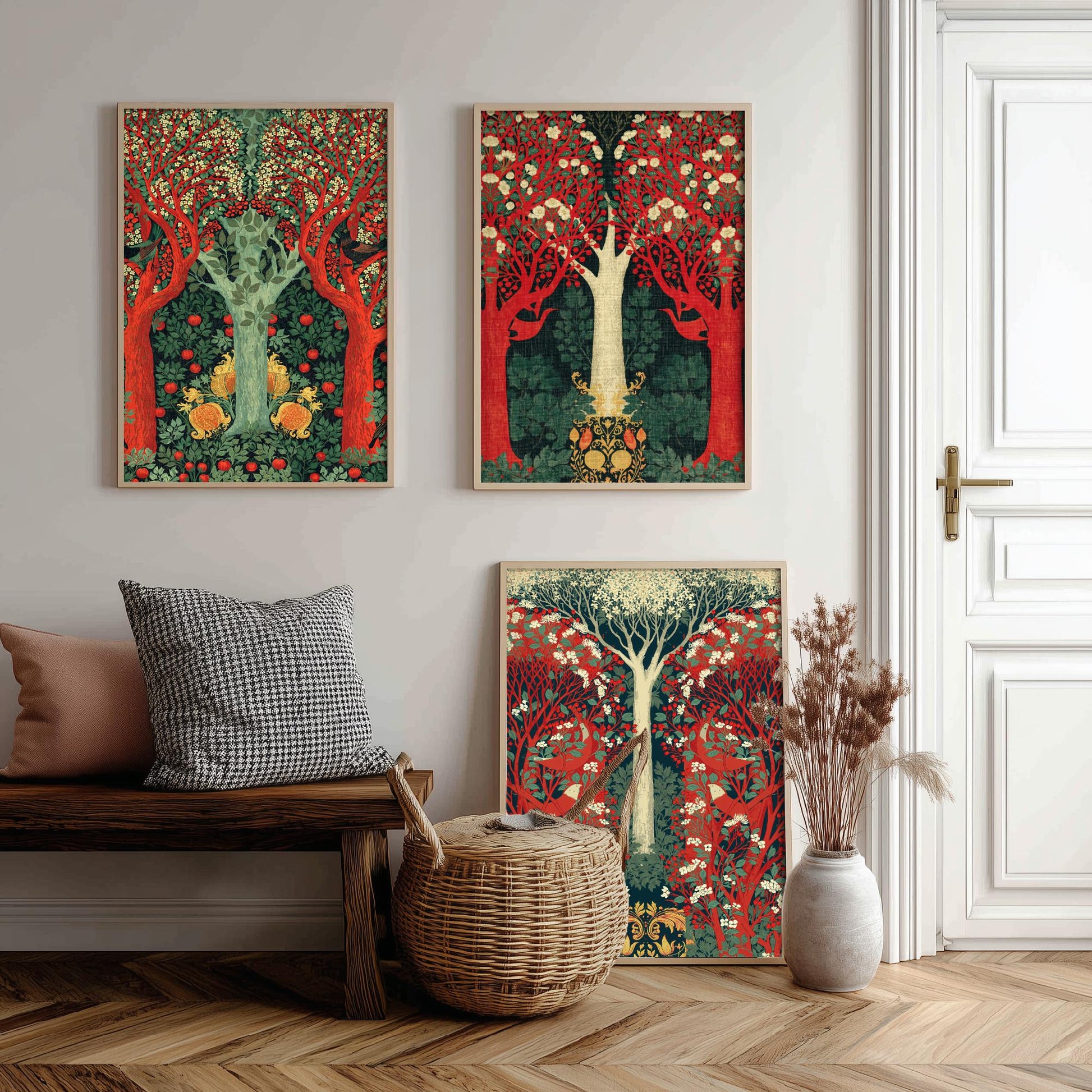 Scottish Book of the Woodlands Set of Three Art Prints - Green and Crimson Forest Posters - Blackbird Squirrel Illustration V3
