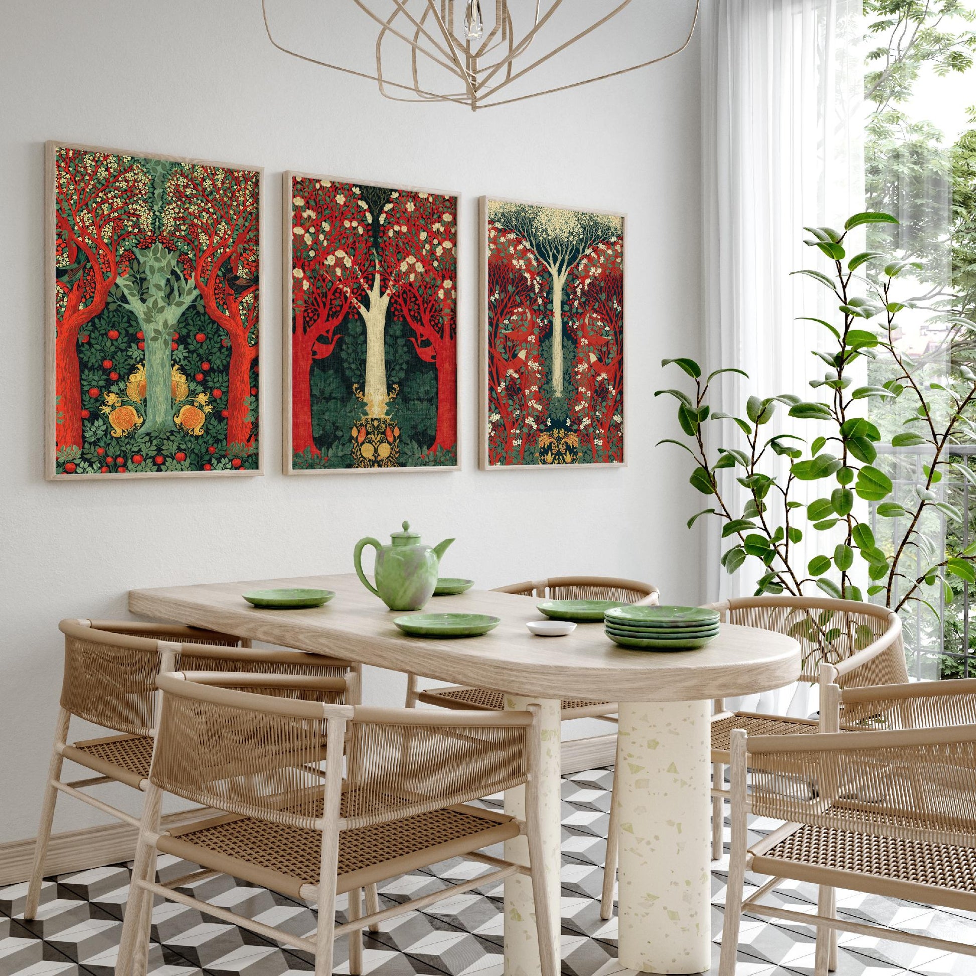 Scottish Book of the Woodlands Set of Three Art Prints - Green and Crimson Forest Posters - Blackbird Squirrel Illustration V3
