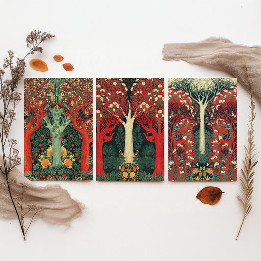 Scottish Book of the Woodlands Set of Three Art Prints - Green and Crimson Forest Posters - Blackbird Squirrel Illustration V3