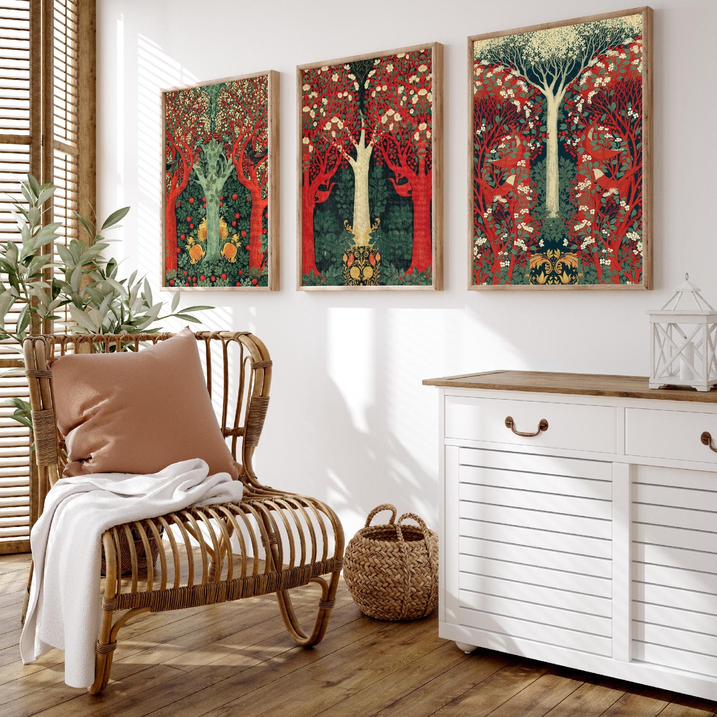 Scottish Book of the Woodlands Set of Three Art Prints - Green and Crimson Forest Posters - Blackbird Squirrel Illustration V3