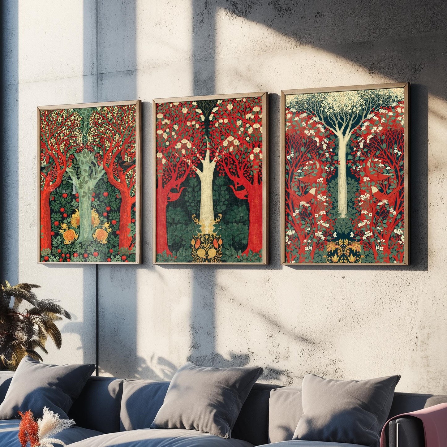 Scottish Book of the Woodlands Set of Three Art Prints - Green and Crimson Forest Posters - Blackbird Squirrel Illustration V3