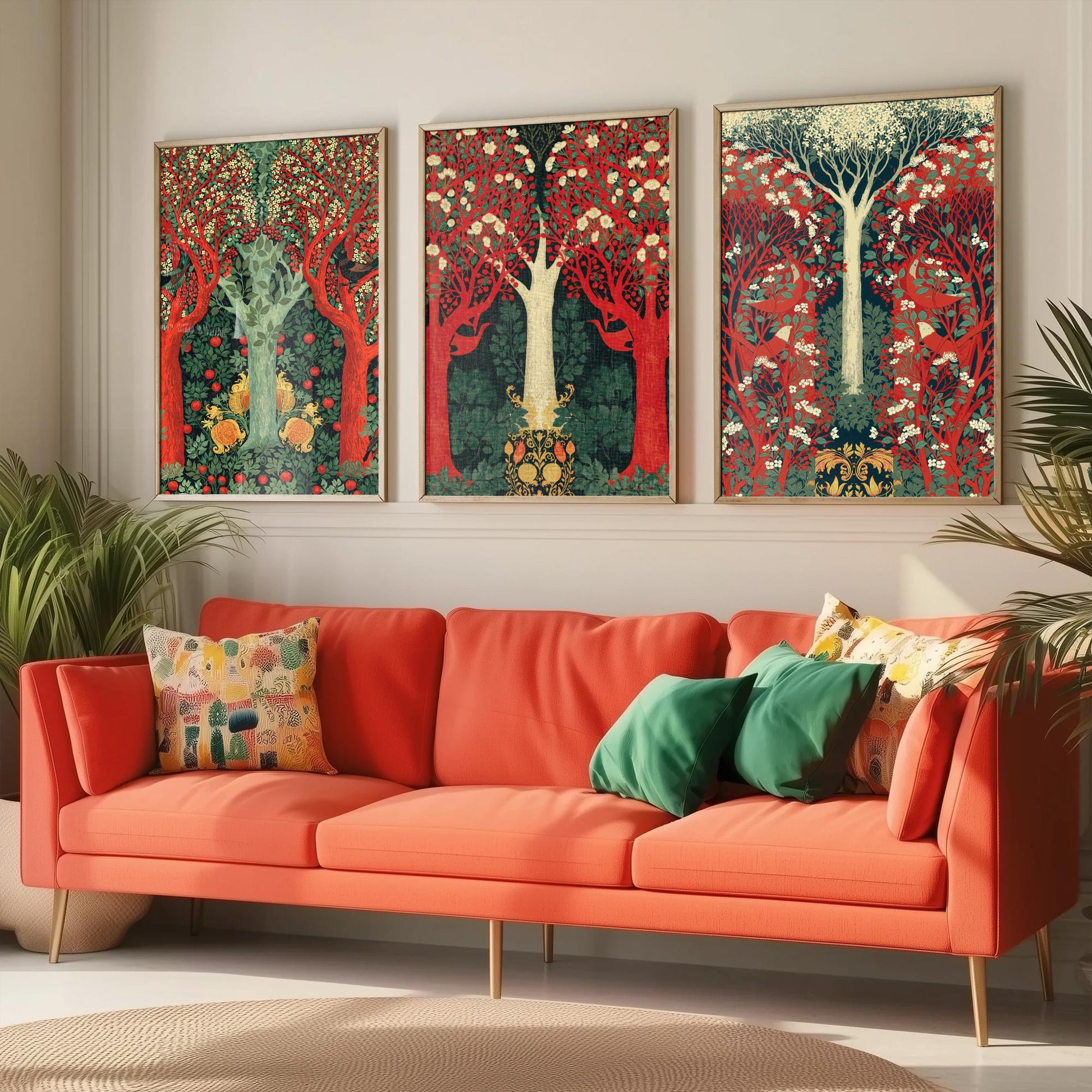 Scottish Book of the Woodlands Set of Three Art Prints - Green and Crimson Forest Posters - Blackbird Squirrel Illustration V3