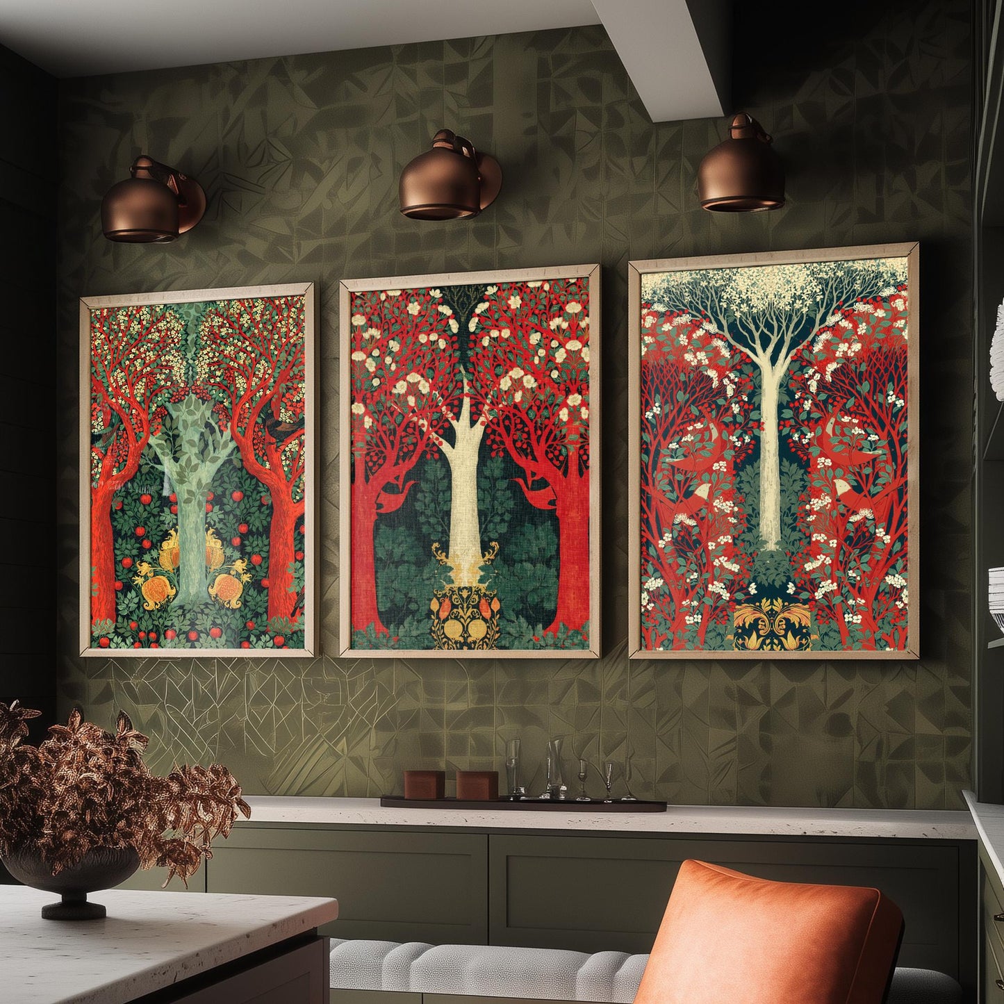 Scottish Book of the Woodlands Set of Three Art Prints - Green and Crimson Forest Posters - Blackbird Squirrel Illustration V3