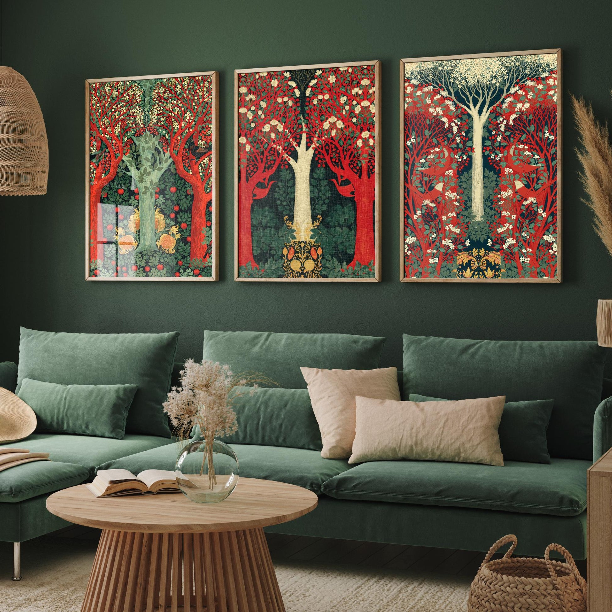 Scottish Book of the Woodlands Set of Three Art Prints - Green and Crimson Forest Posters - Blackbird Squirrel Illustration V3