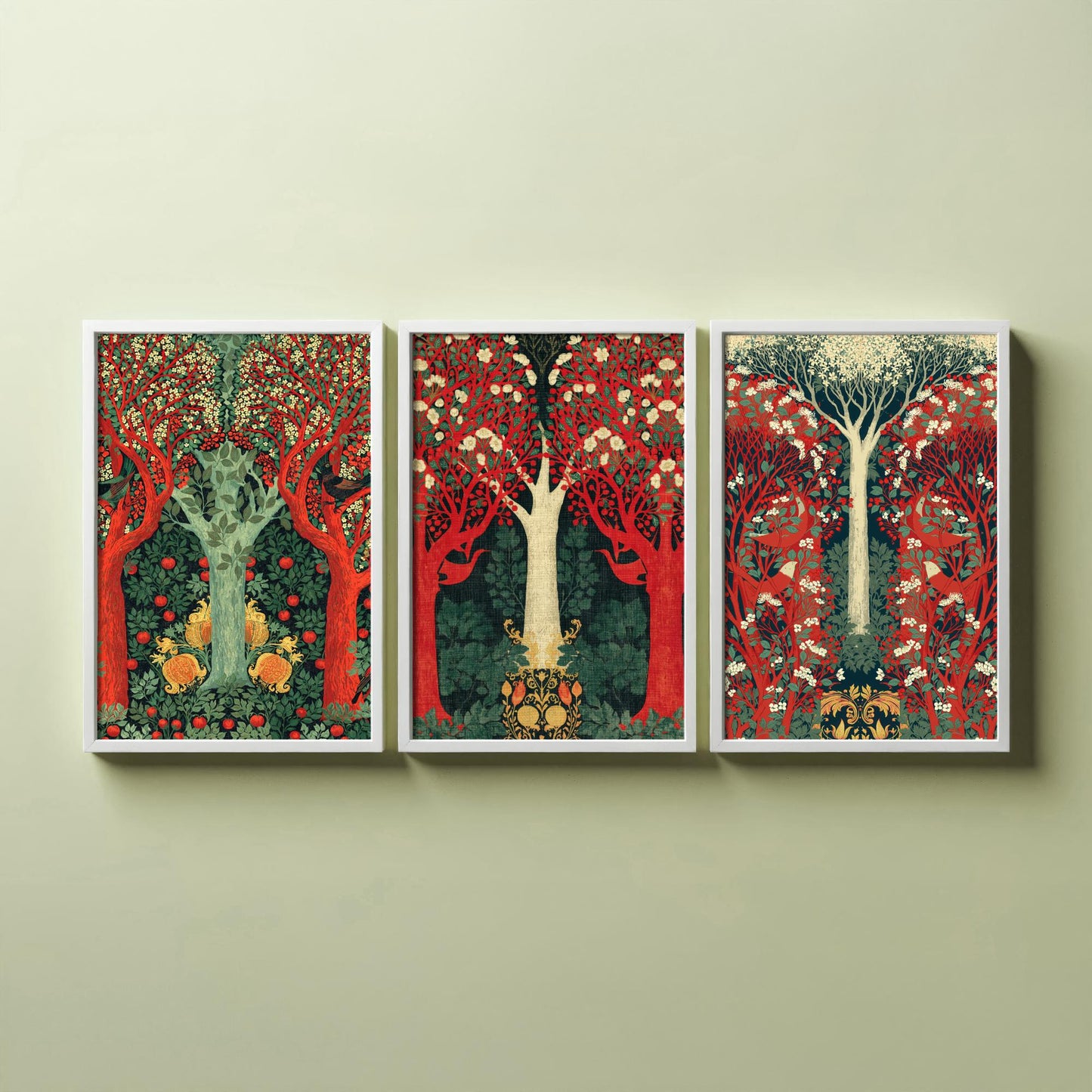 Scottish Book of the Woodlands Set of Three Art Prints - Green and Crimson Forest Posters - Blackbird Squirrel Illustration V3