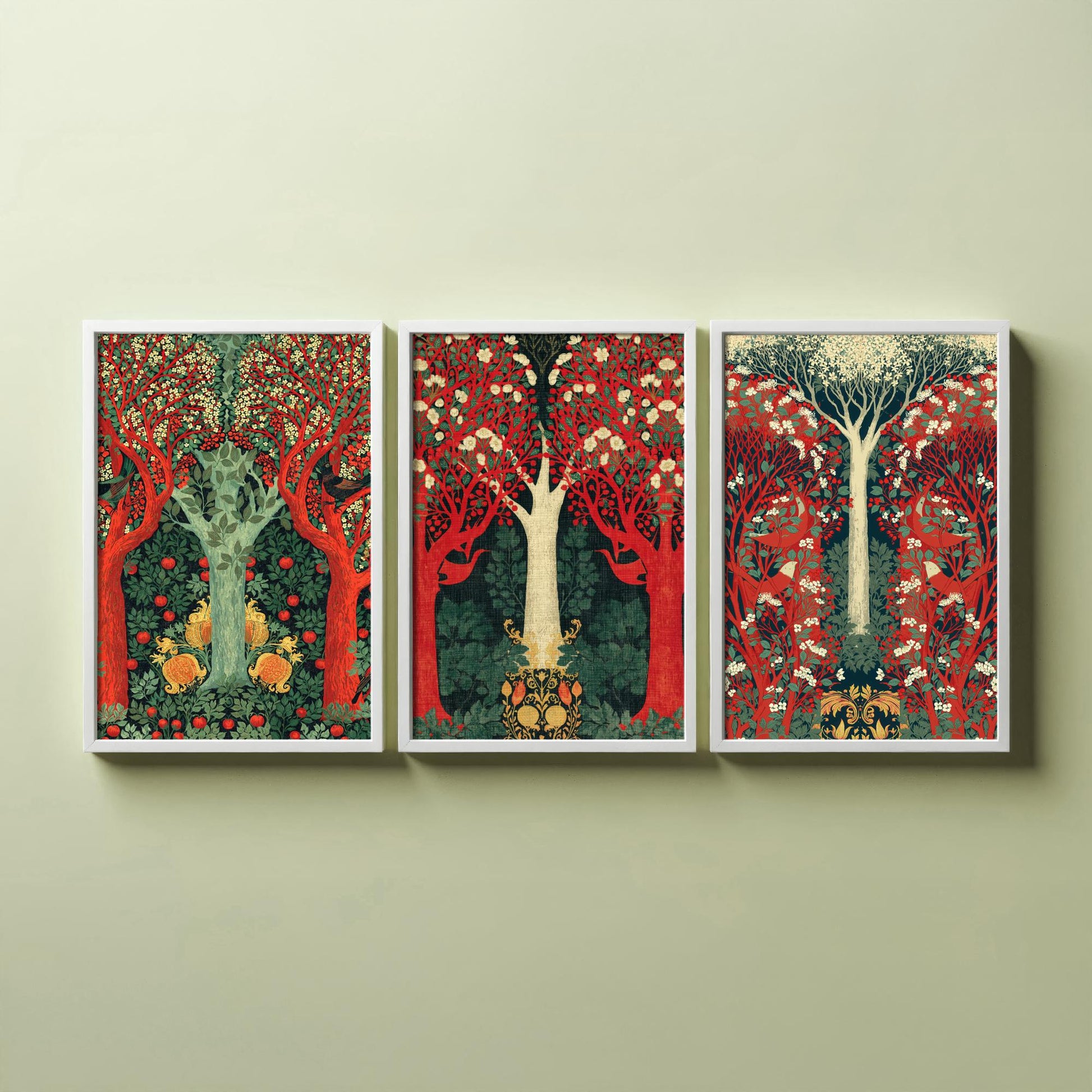 Scottish Book of the Woodlands Set of Three Art Prints - Green and Crimson Forest Posters - Blackbird Squirrel Illustration V3