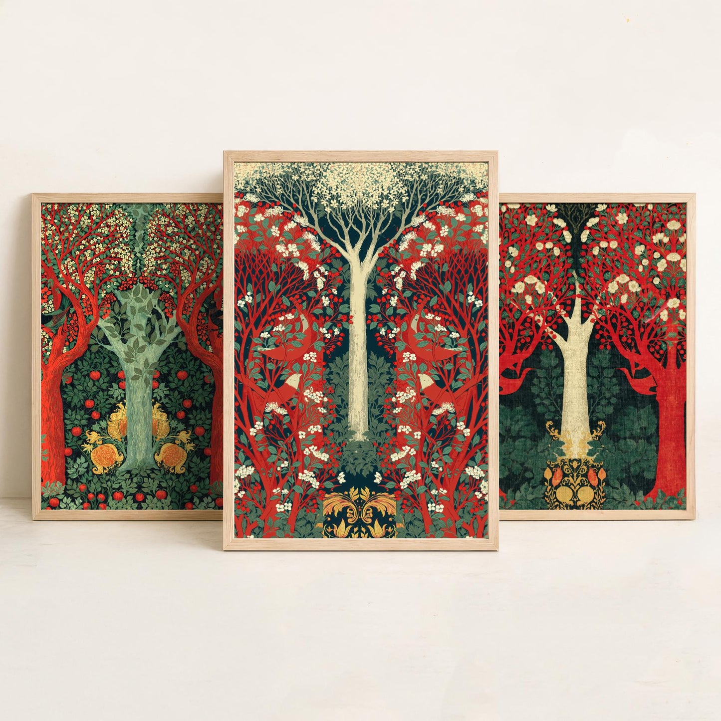 Scottish Book of the Woodlands Set of Three Art Prints - Green and Crimson Forest Posters - Blackbird Squirrel Illustration V3