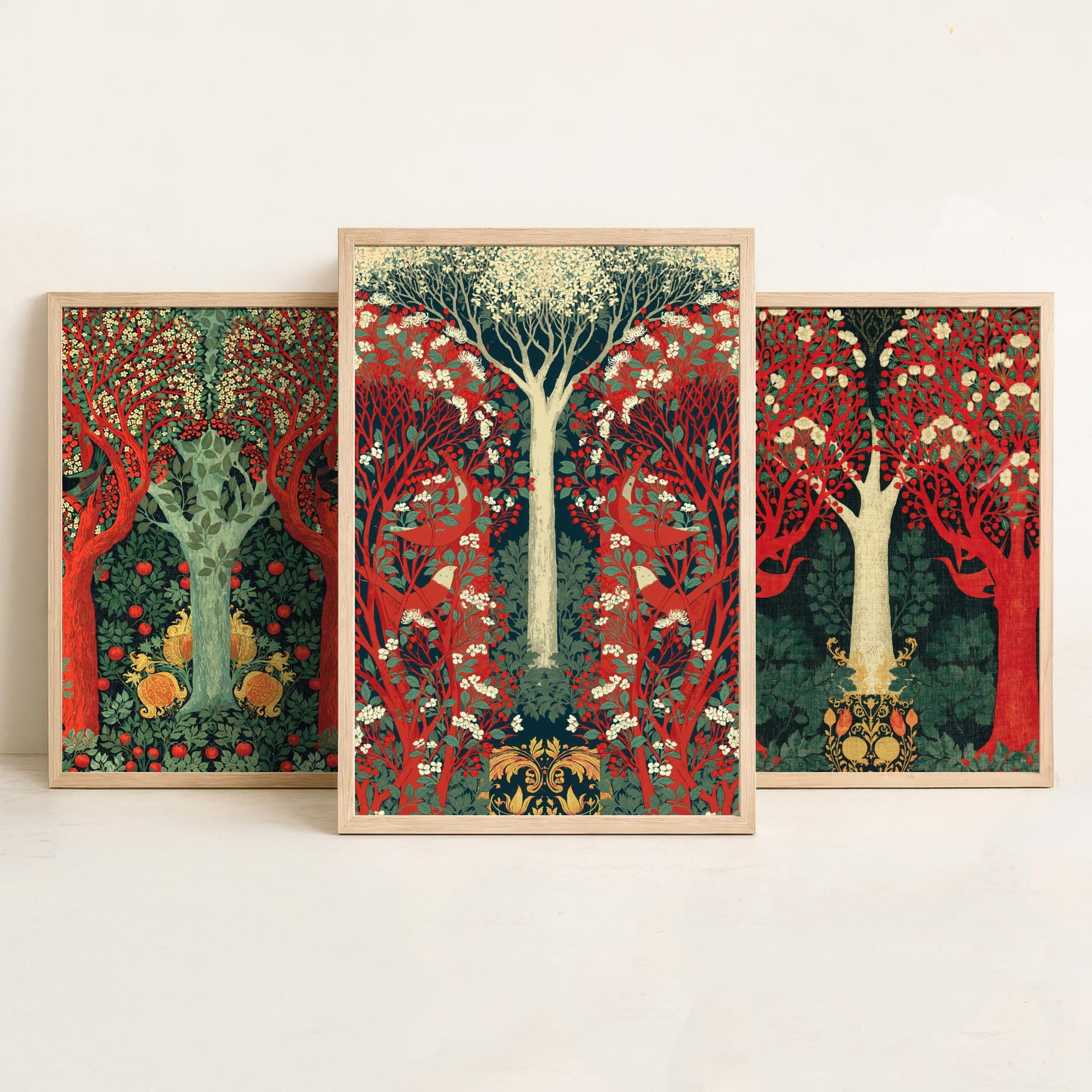 Scottish Book of the Woodlands Set of Three Art Prints - Green and Crimson Forest Posters - Blackbird Squirrel Illustration V3
