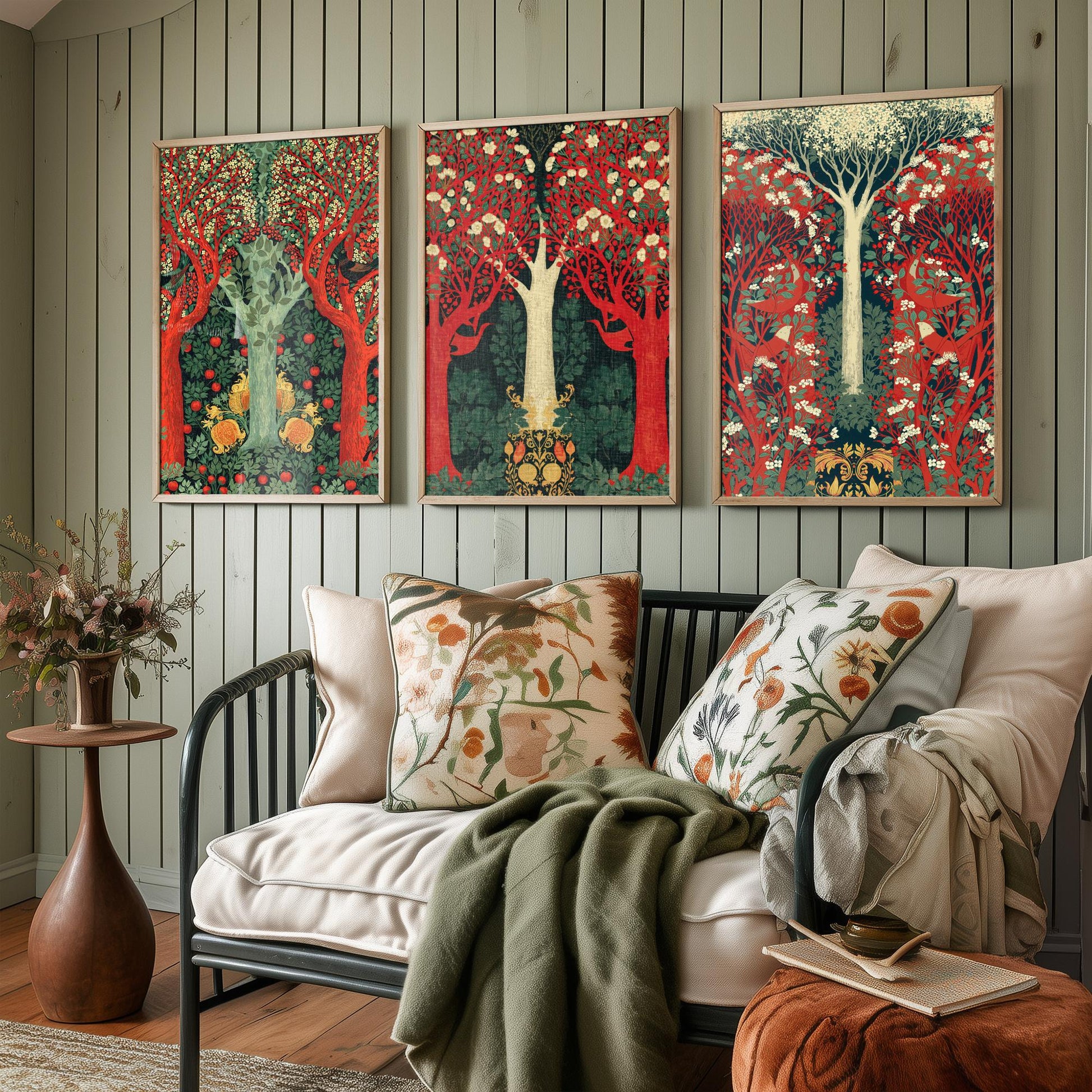 Scottish Book of the Woodlands Set of Three Art Prints - Green and Crimson Forest Posters - Blackbird Squirrel Illustration V3