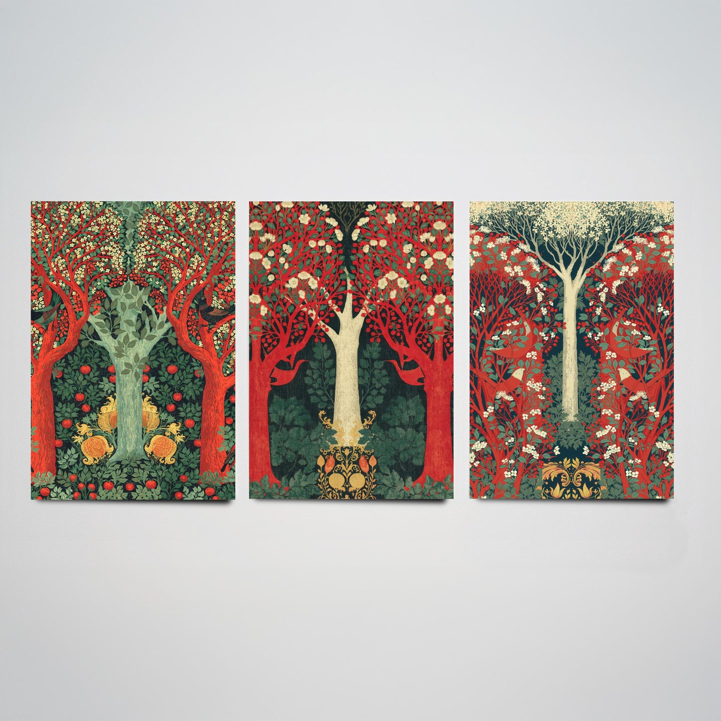 Scottish Book of the Woodlands Set of Three Art Prints - Green and Crimson Forest Posters - Blackbird Squirrel Illustration V3