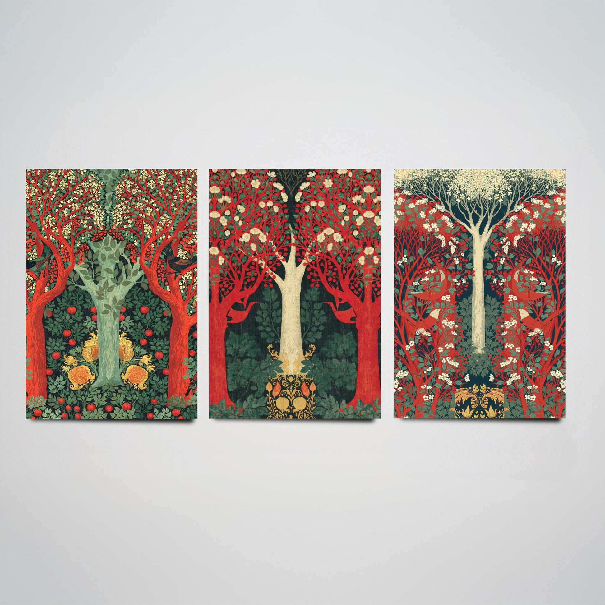 Scottish Book of the Woodlands Set of Three Art Prints - Green and Crimson Forest Posters - Blackbird Squirrel Illustration V3